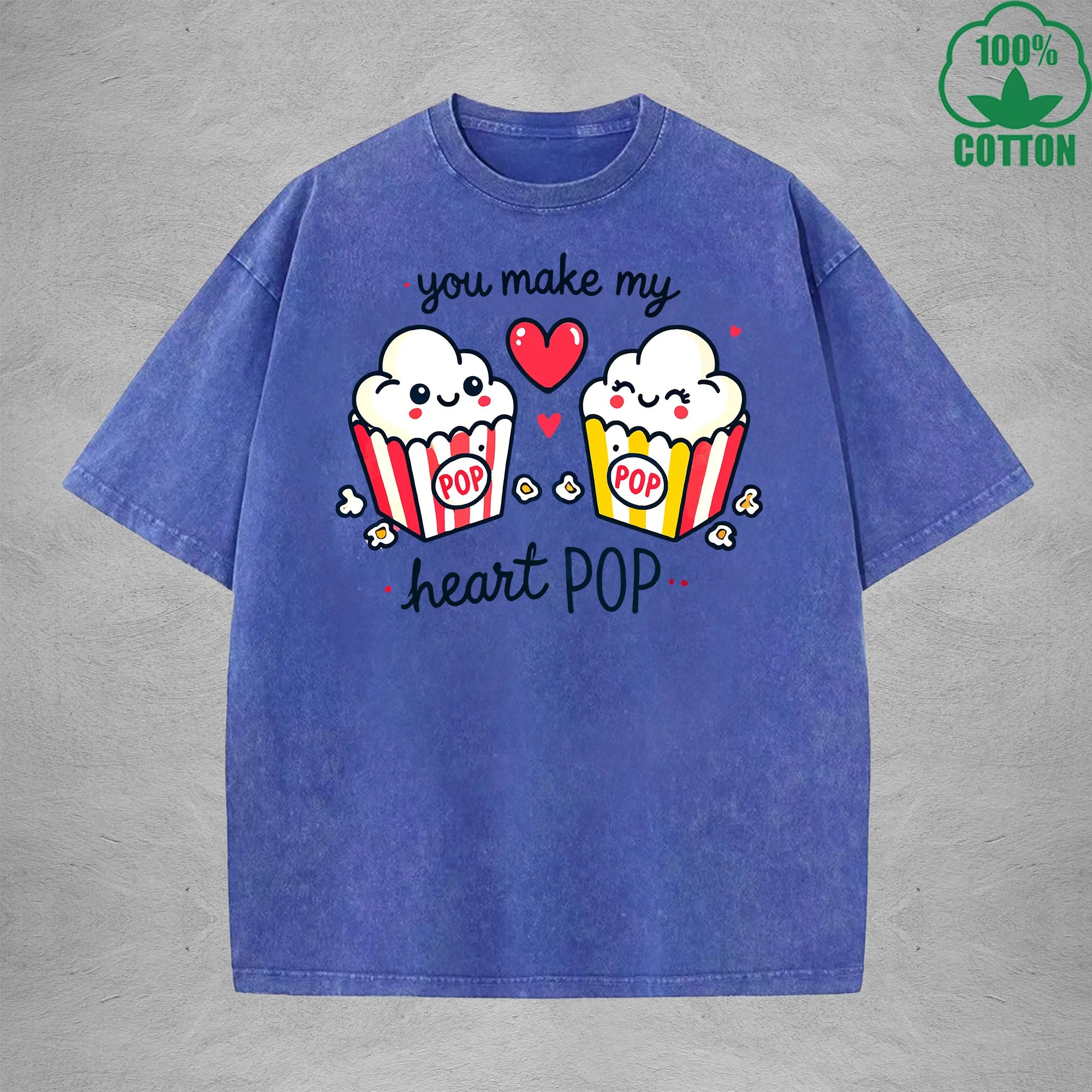 You Make My Heait PopInterest Printed Washed T-Shirt 230G Loose Trendy Fashionable 100%Cotton Short Sleeve Top