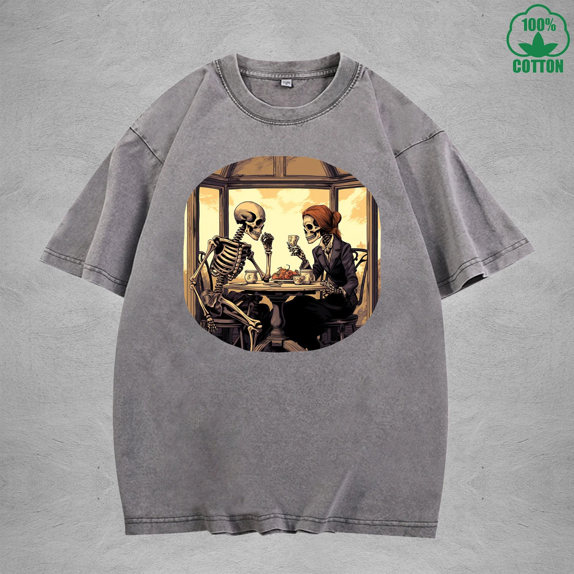 Eternal Afternoon Tea Multicolor Printed Washed T-Shirt 230G Interesting Loose Trendy Fashionable Cotton Short Sleeve Top