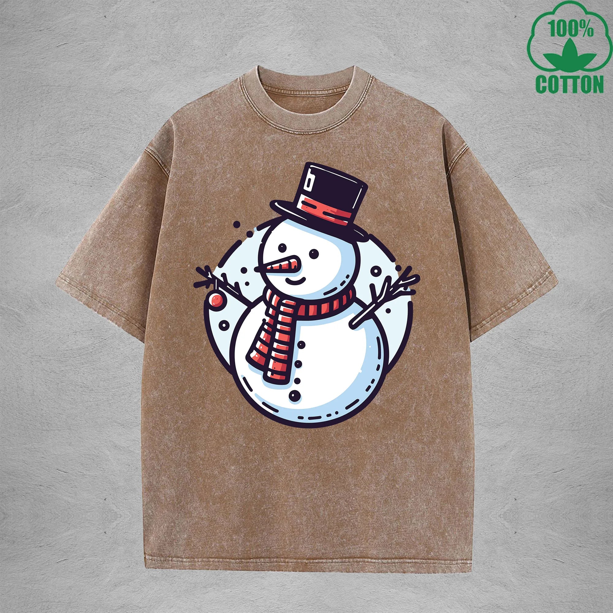 Snowman Interest Printed Washed T-Shirt 230G Multicolor Loose Trendy Fashionable Cotton Short Sleeve Top