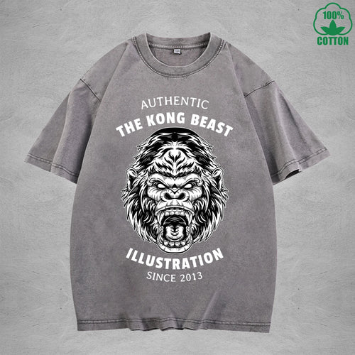 Angry GorillaInterest Printed Washed T-Shirt 230G Multicolor Loose Trendy Fashionable 100%Cotton Short Sleeve Top