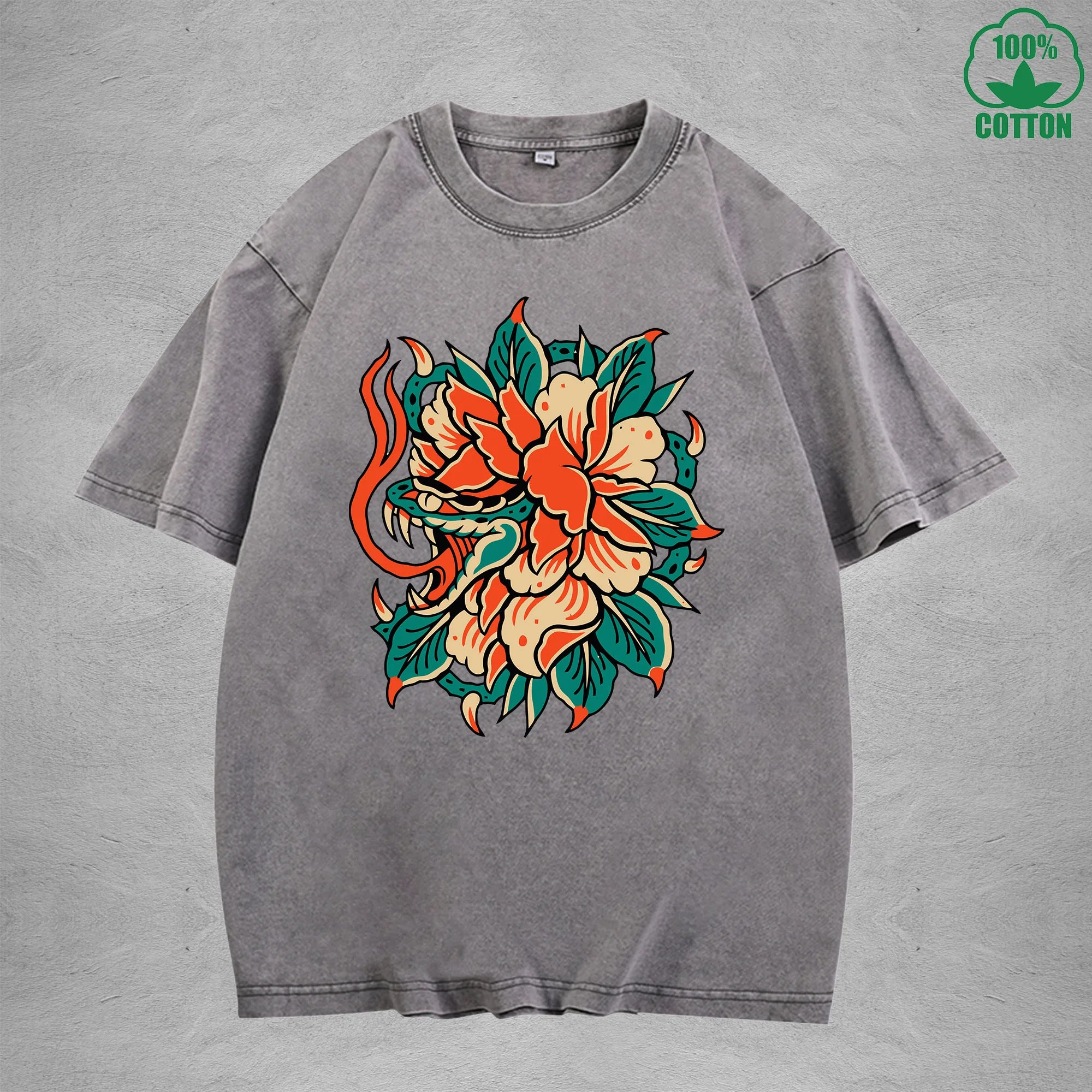 Hidden ViperInterest Printed Washed T-Shirt 230G Multicolor Loose Trendy Fashionable 100%Cotton Short Sleeve Top