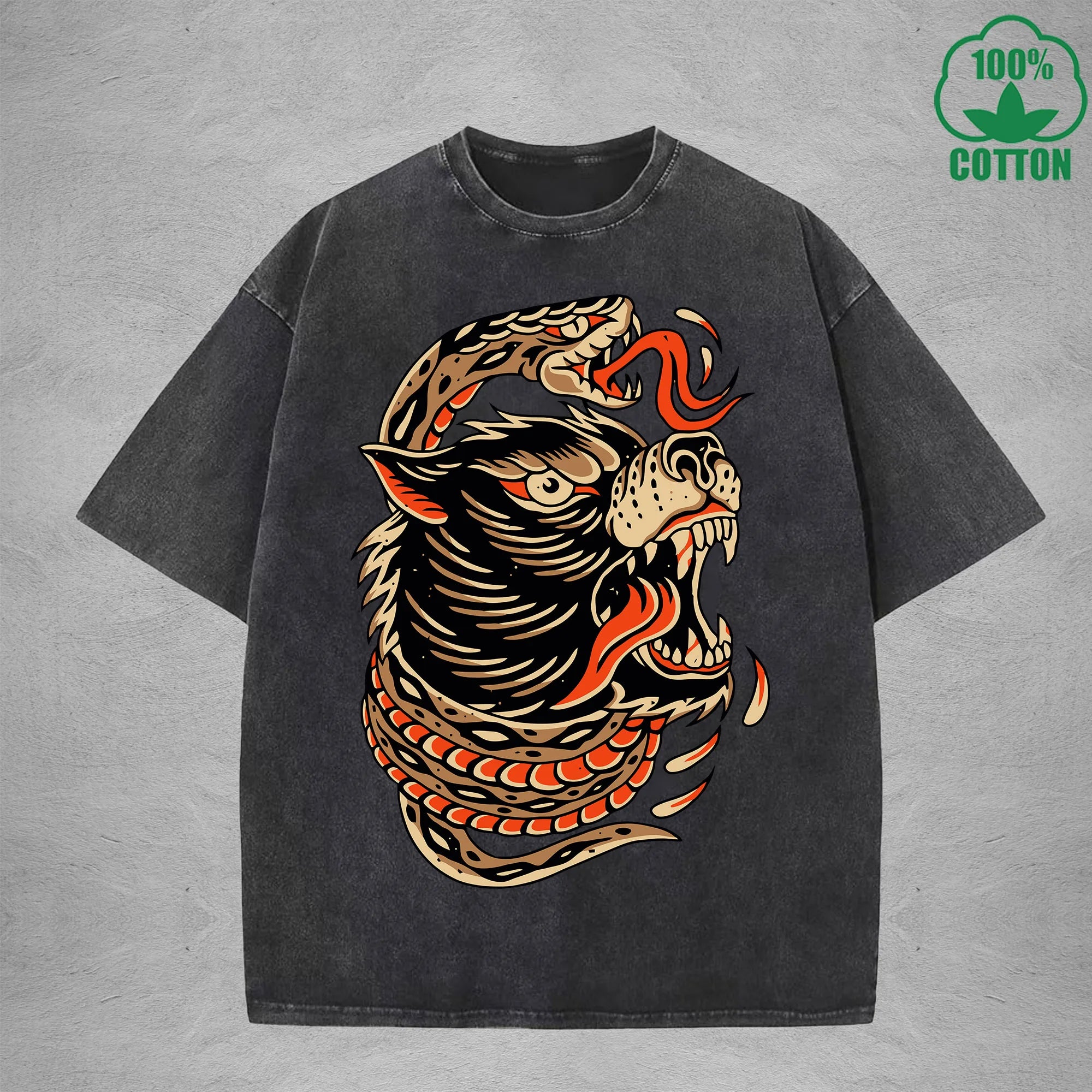 Deadly SnakeInterest Printed Washed T-Shirt 230G Multicolor Loose Trendy Fashionable 100%Cotton Short Sleeve Top
