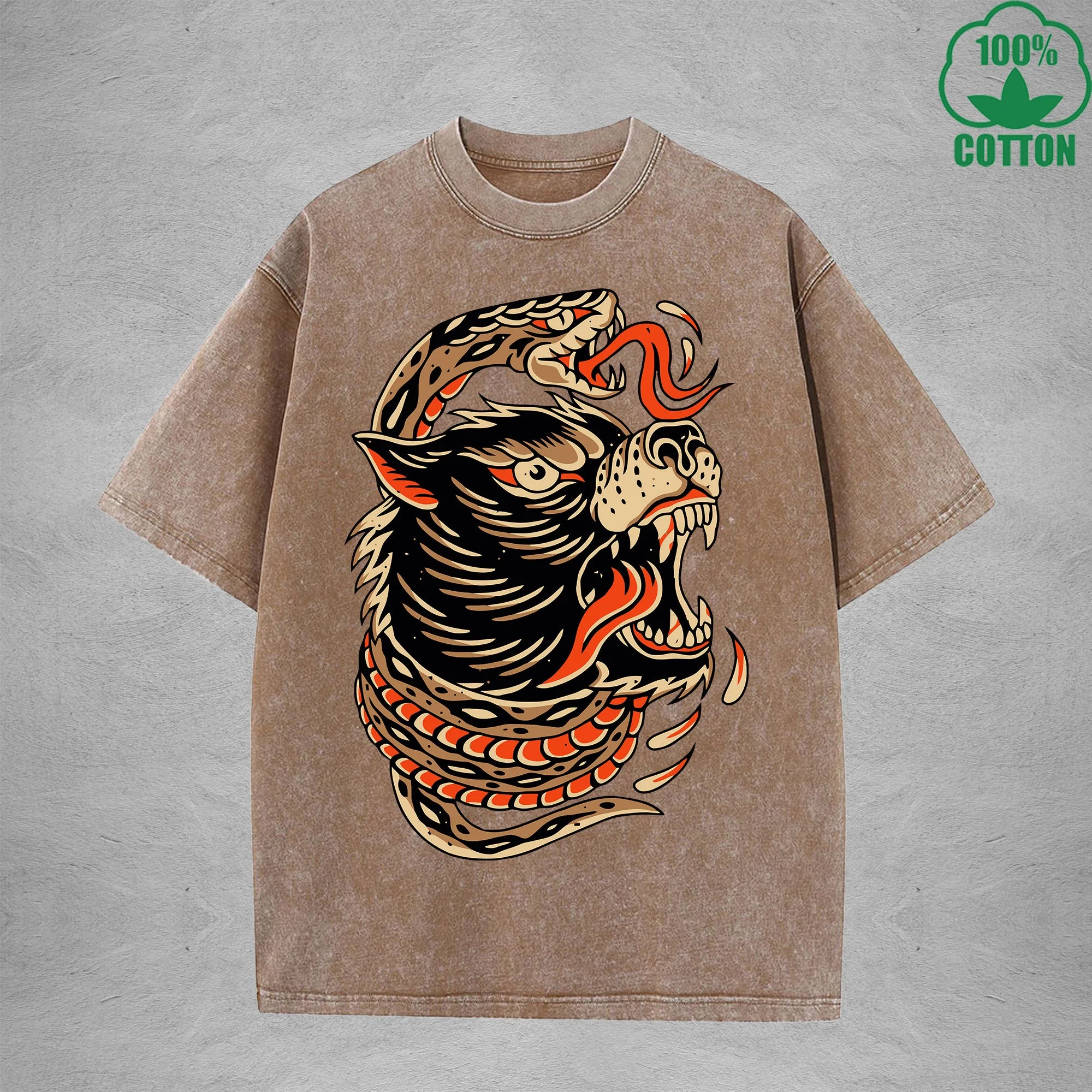 Deadly SnakeInterest Printed Washed T-Shirt 230G Multicolor Loose Trendy Fashionable 100%Cotton Short Sleeve Top