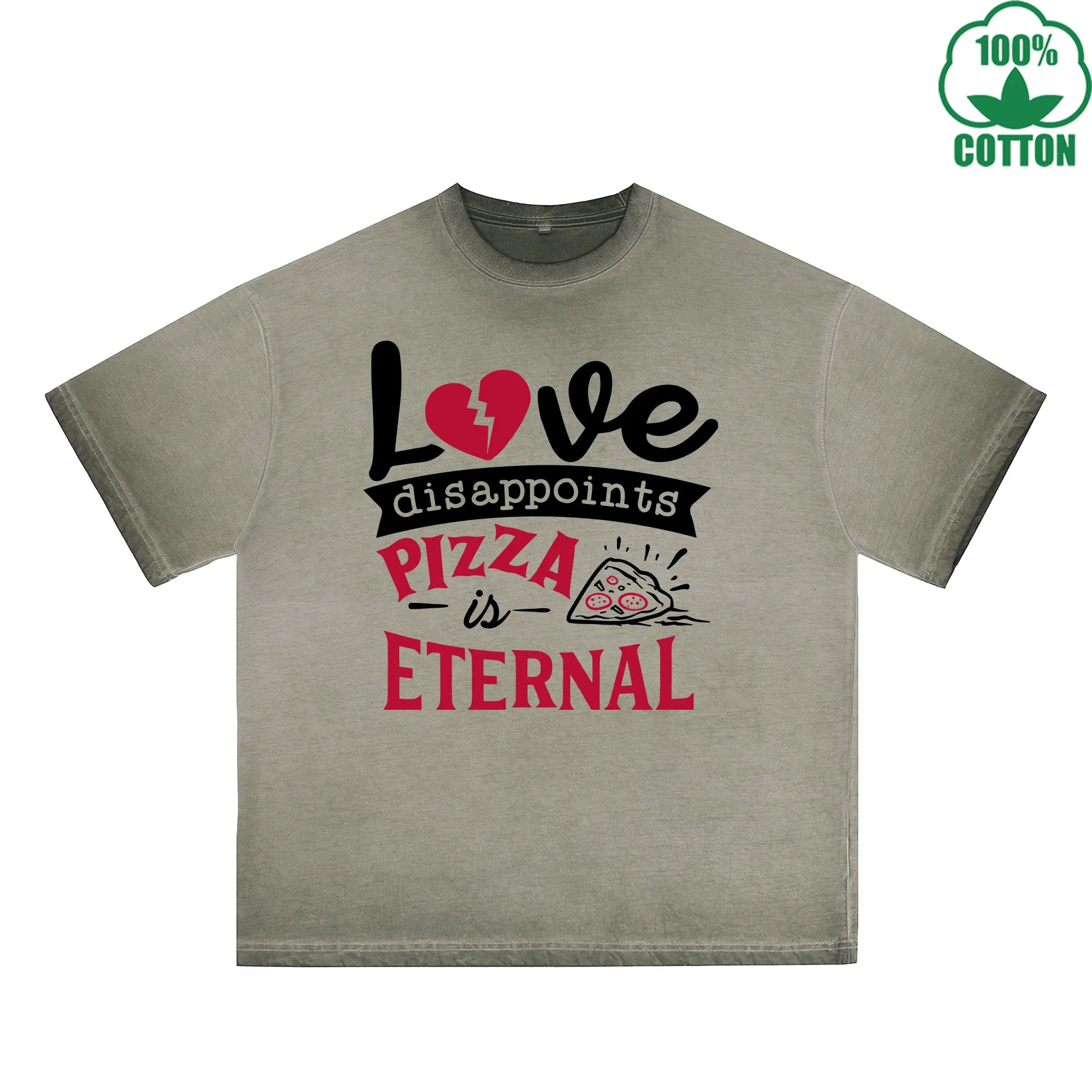Love Disappoints Pizza Printed Dirty Wash T-Shirt 230G Multicolor Loose Trendy Fashionable 100%Cotton Short Sleeve Top