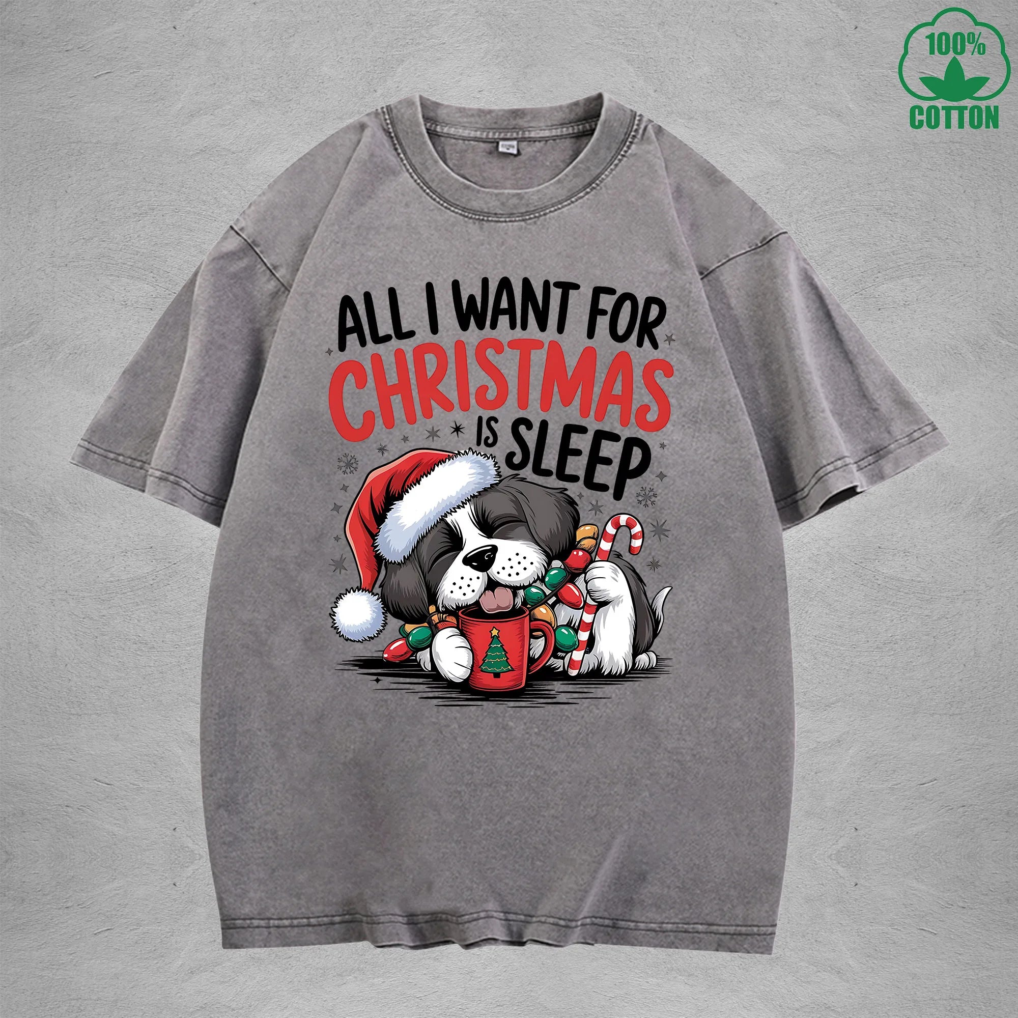 Christmas Is Sleep Interest Printed Washed T-Shirt 230G Multicolor Loose Trendy Fashionable 100%Cotton Short Sleeve Top