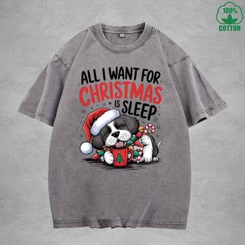 Christmas Is Sleep Interest Printed Washed T-Shirt 230G Multicolor Loose Trendy Fashionable 100%Cotton Short Sleeve Top