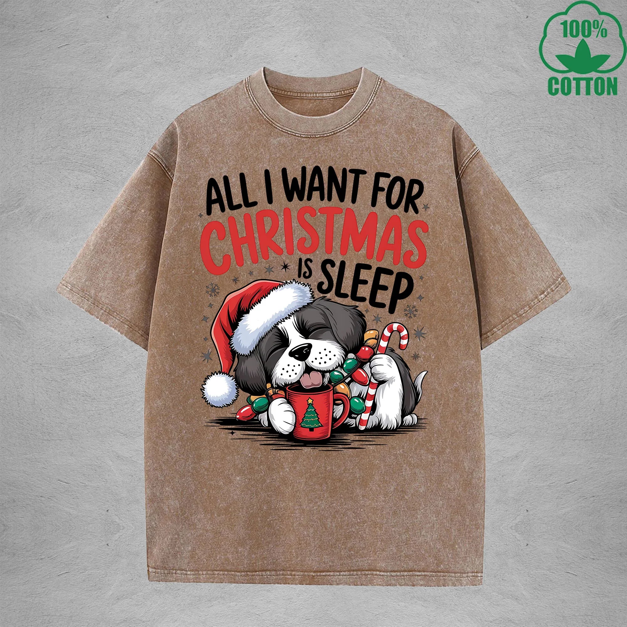 Christmas Is Sleep Interest Printed Washed T-Shirt 230G Multicolor Loose Trendy Fashionable 100%Cotton Short Sleeve Top