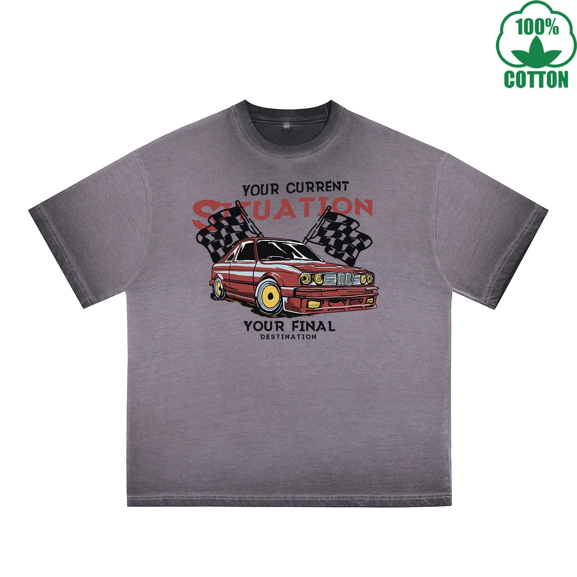 Racing Printed Dirty WashT-Shirt 230G Multicolor Loose Trendy Fashionable 100%Cotton Short Sleeve Top