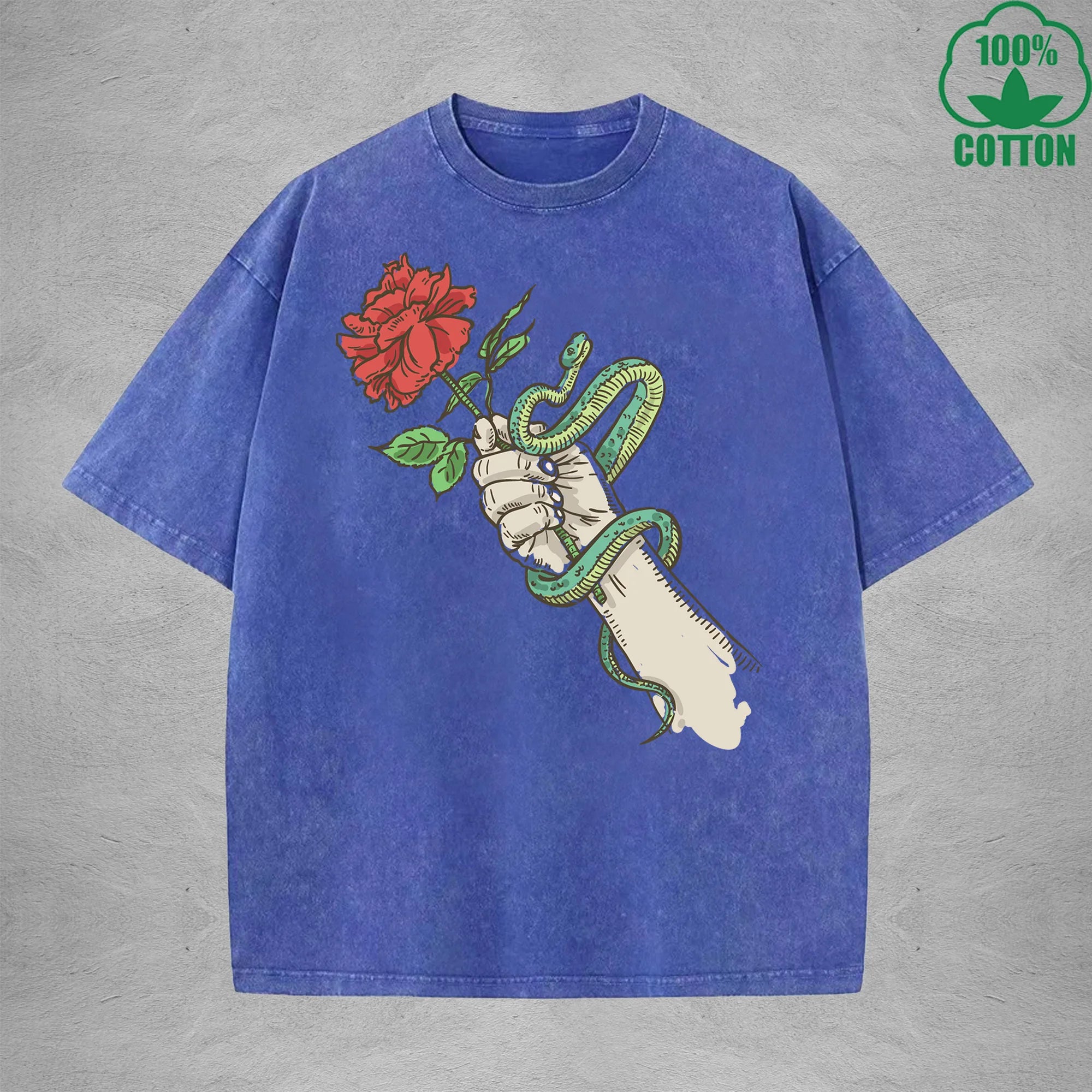 Roses And Vipers Printed Washed T-Shirt 230G Multicolor Minimalist Loose Trendy Fashionable Cotton Short Sleeve Top