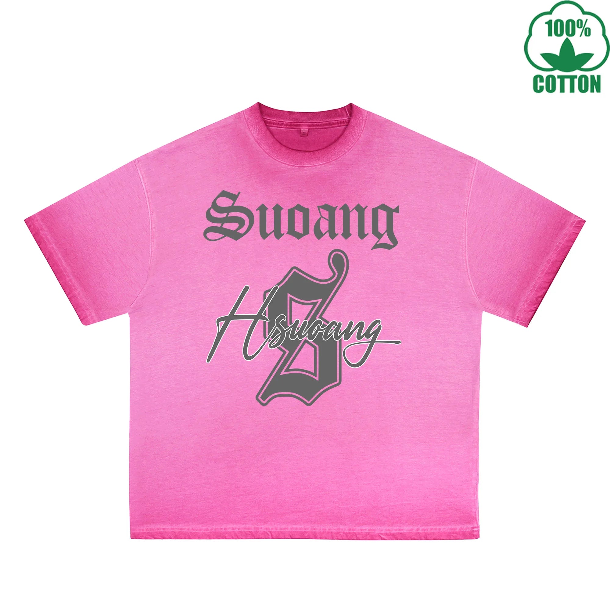 Hsucang Printed Dirty WashT-Shirt 230G Multicolor Loose Trendy Fashionable 100%Cotton Short Sleeve Top