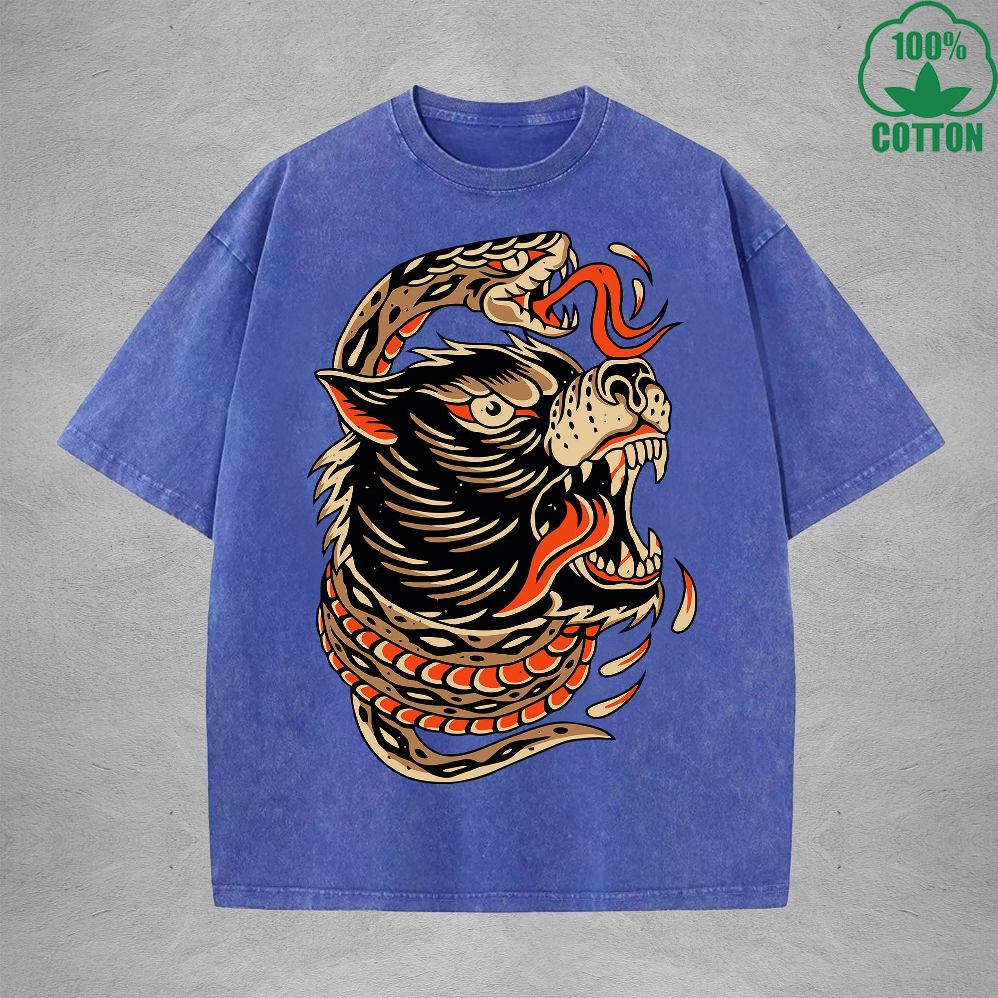 Deadly SnakeInterest Printed Washed T-Shirt 230G Multicolor Loose Trendy Fashionable 100%Cotton Short Sleeve Top