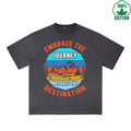 Footprints Printed Dirty WashT-Shirt 230G Multicolor Loose Trendy Fashionable 100%Cotton Short Sleeve Top