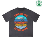 Footprints Printed Dirty WashT-Shirt 230G Multicolor Loose Trendy Fashionable 100%Cotton Short Sleeve Top