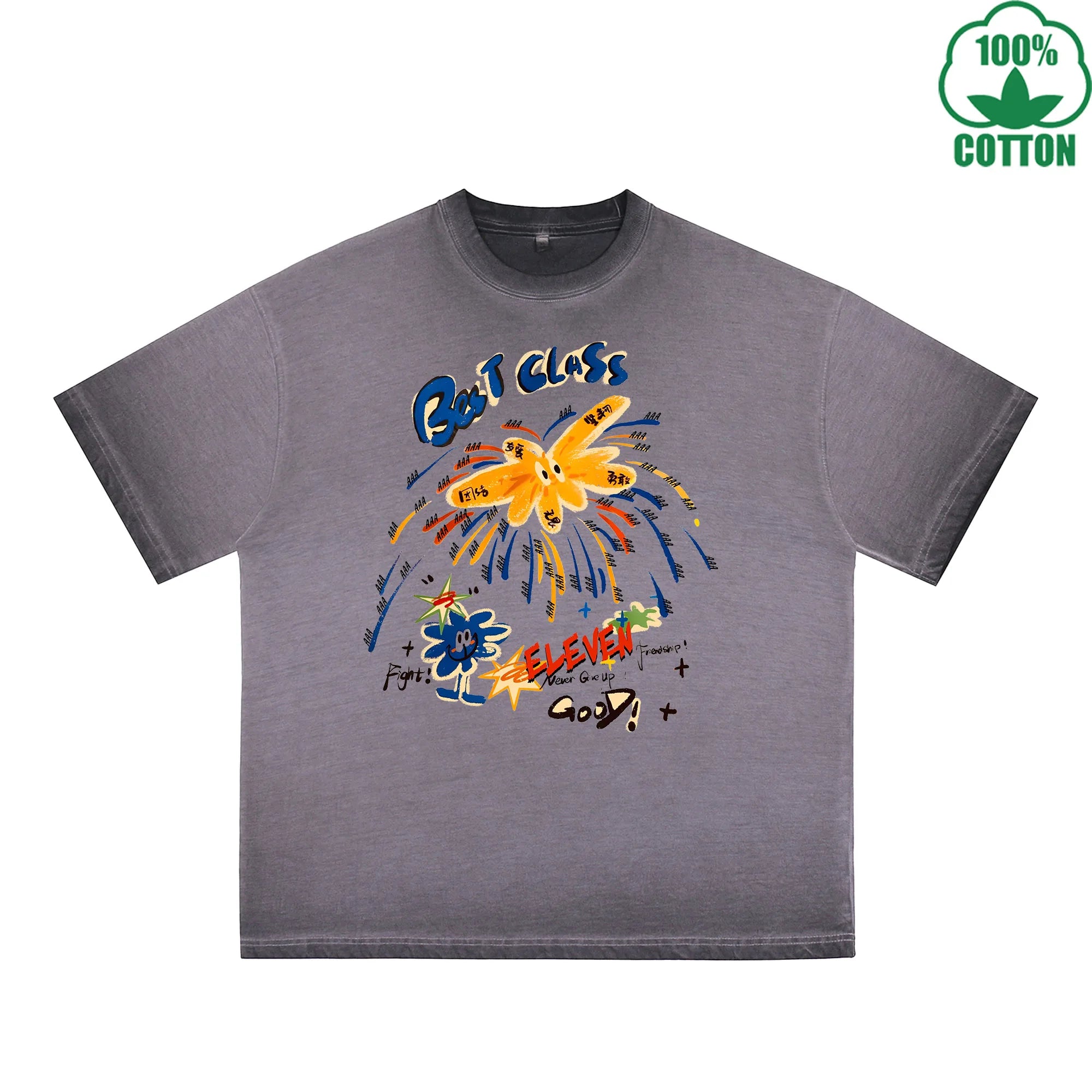 Bes T CLASS Printed Dirty WashT-Shirt 230G Multicolor Loose Trendy Short Sleeves Fashionable 100%Cotton Top