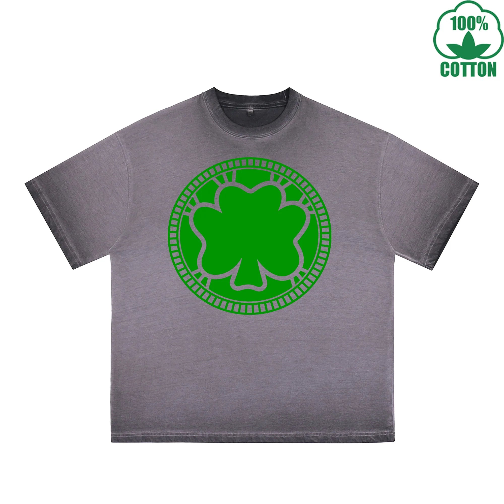 clover coin Printed Dirty Wash T-Shirt 230G Multicolor Loose Trendy Fashionable 100%Cotton Short Sleeve Top