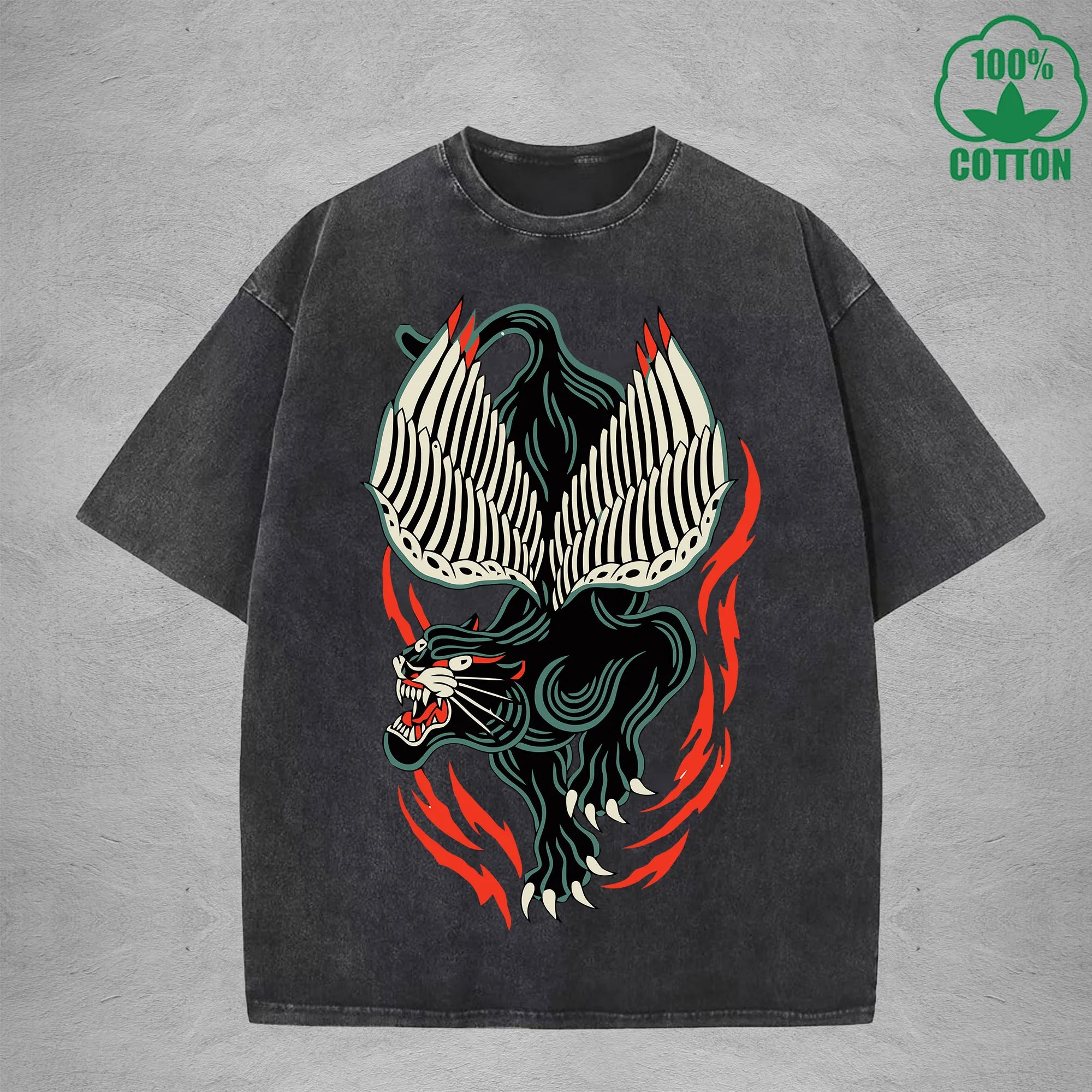 Flying Black TigerInterest Printed Washed T-Shirt 230G Multicolor Loose Trendy Fashionable 100%Cotton Short Sleeve Top