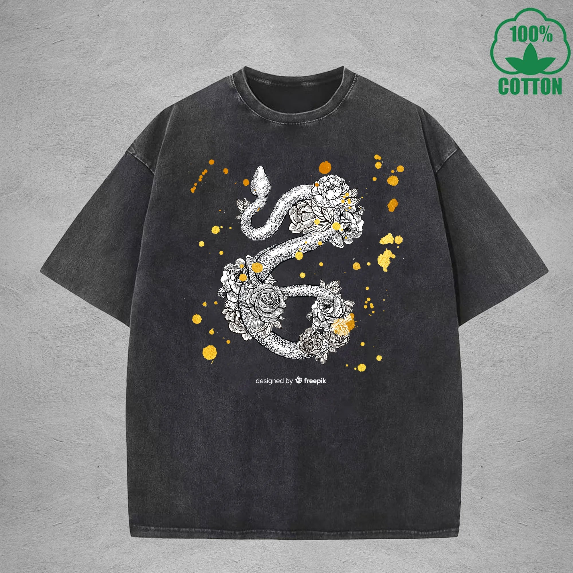Roses And Vipers Printed Washed T-Shirt 230G Minimalist Loose Trendy Fashionable Cotton Short Sleeve Top