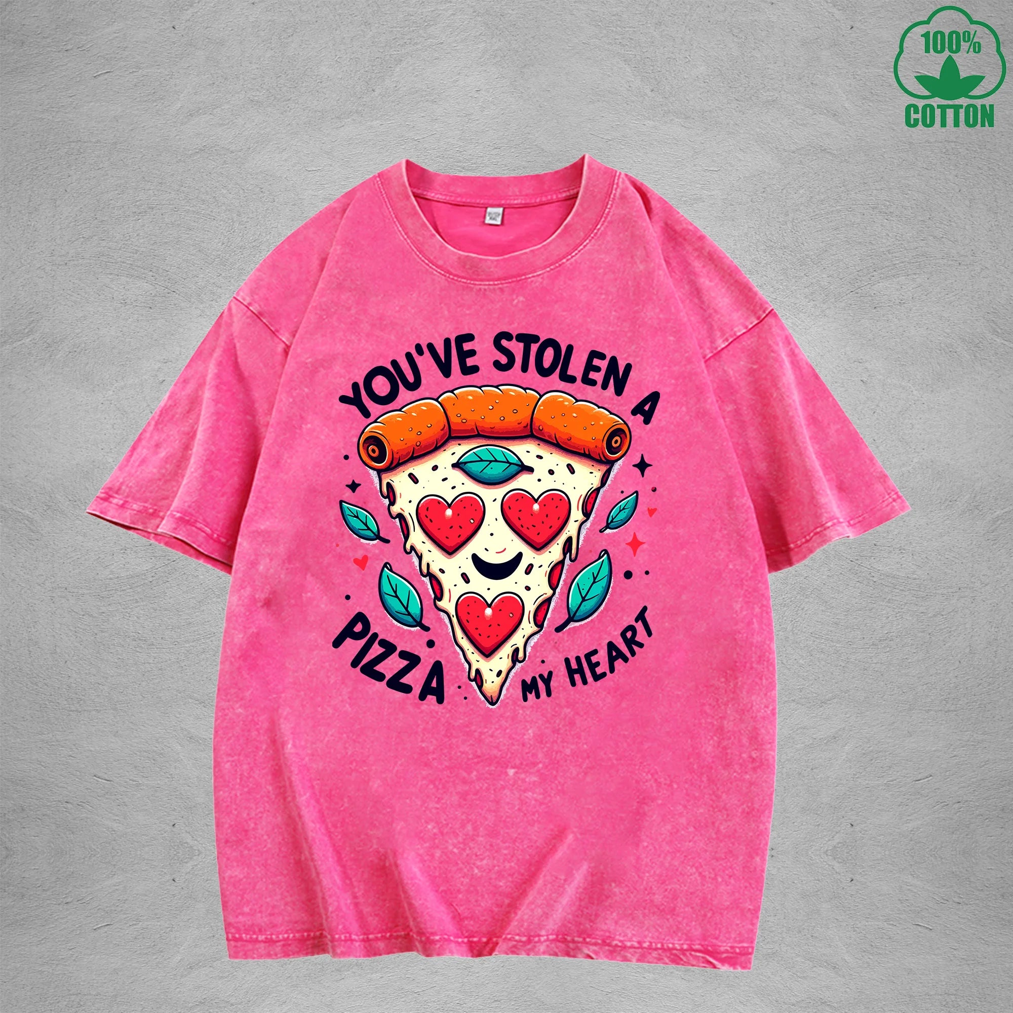 A Pizza My HeartInterest Printed Washed T-Shirt 230G Loose Trendy Fashionable 100%Cotton Short Sleeve Top