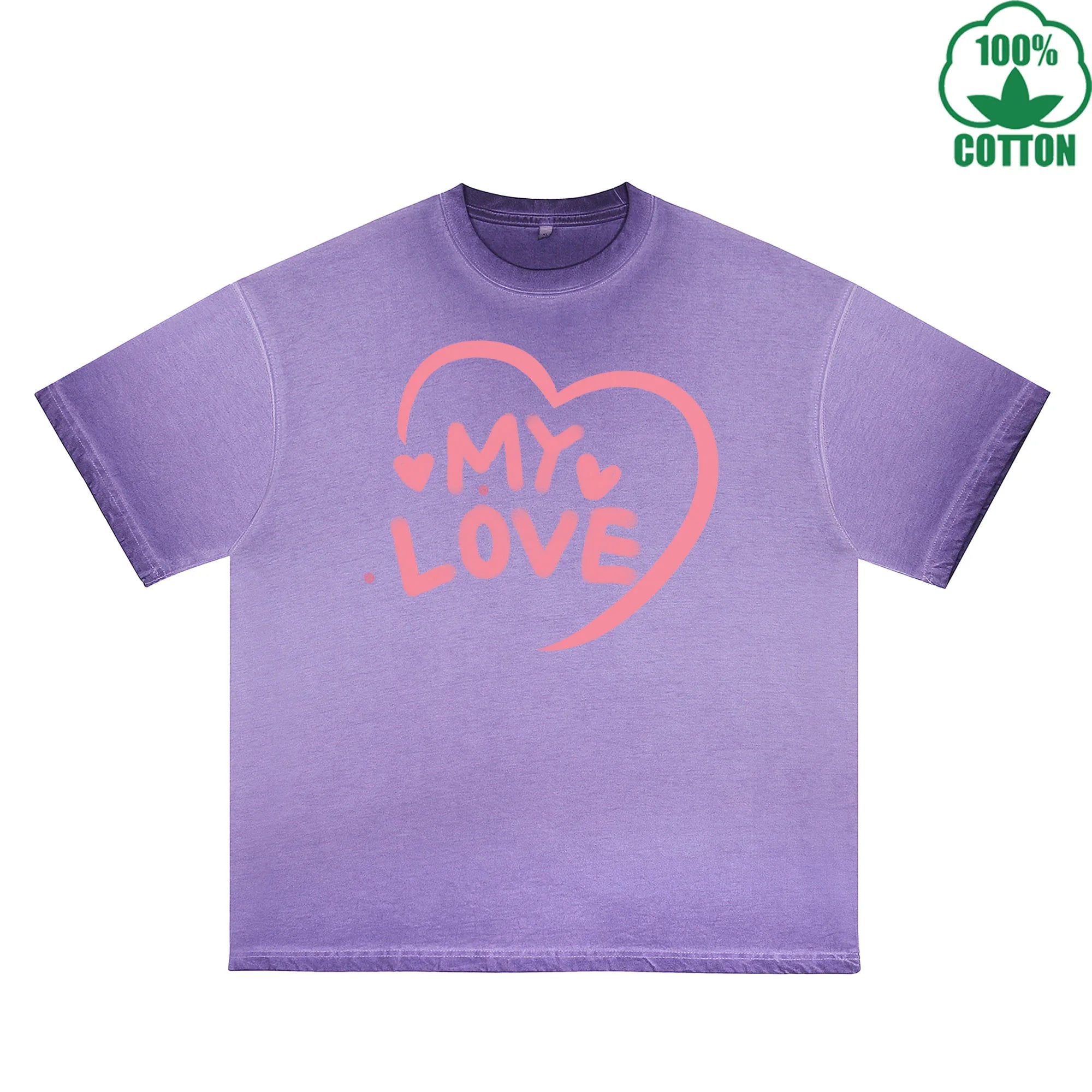 MY Love Printed Dirty WashT-Shirt 230G Multicolor Loose Trendy Short Sleeves Fashionable 100%Cotton Top