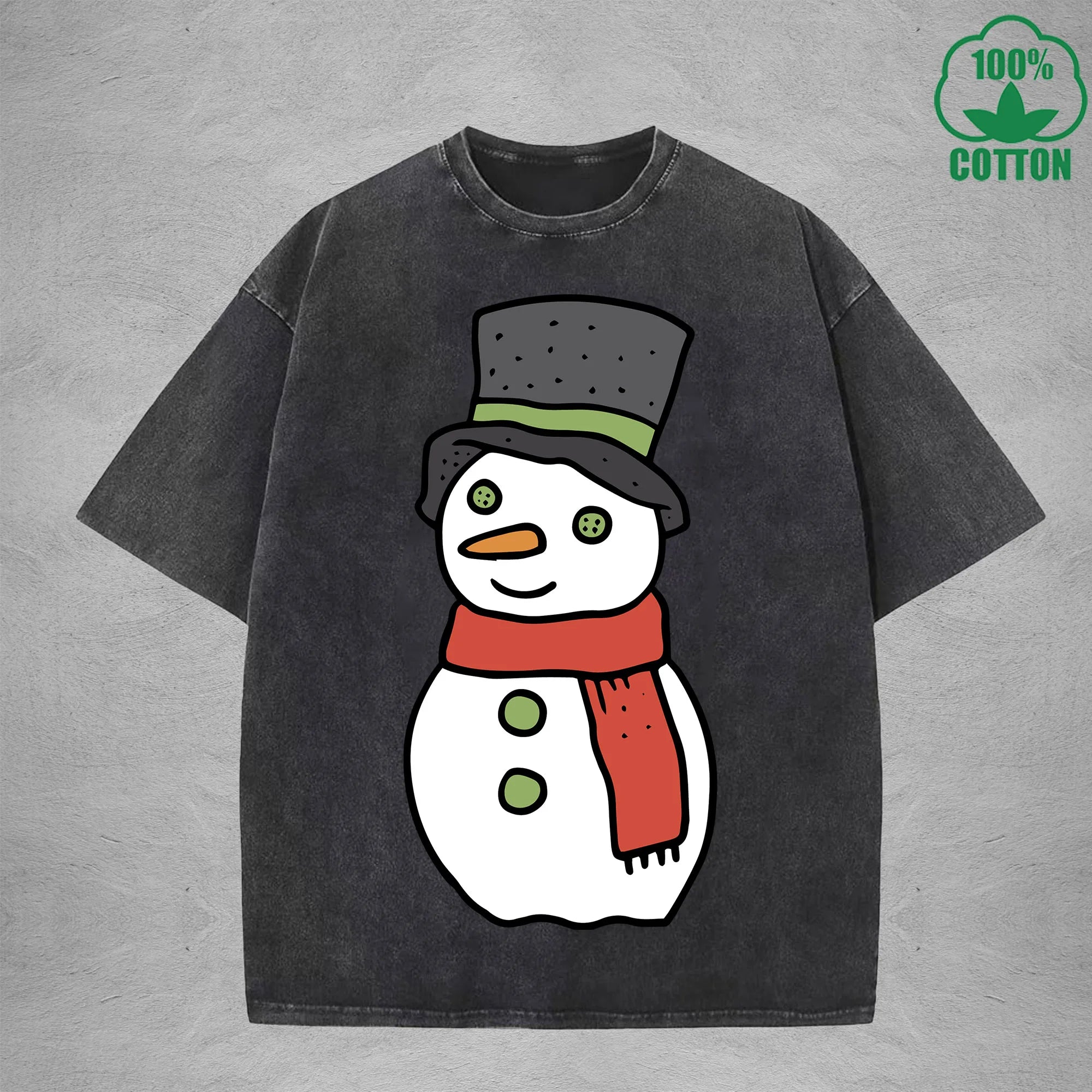 Christmas Snowman Interest Printed Washed T-Shirt 230G Multicolor Loose Trendy Fashionable 100%Cotton Short Sleeve Top