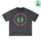 Fatey Baby Printed Dirty Wash T-Shirt 230G Multicolor Loose Trendy Fashionable 100%Cotton Short Sleeve Top