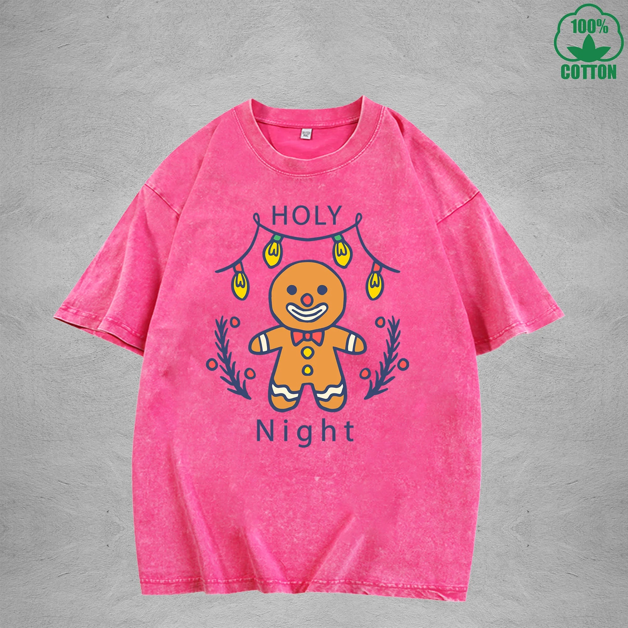 Cute Gingerbread Interest Printed Washed T-Shirt 230G Multicolor Loose Trendy Fashionable 100%Cotton Short Sleeve Top