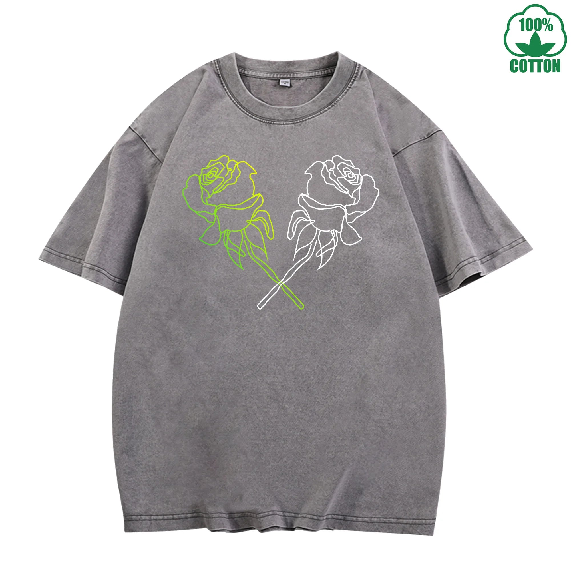 Neon Rose Printed Washed T-Shirt 230G Multicolor Loose Trendy Fashionable Cotton Short Sleeve Top Clearance
