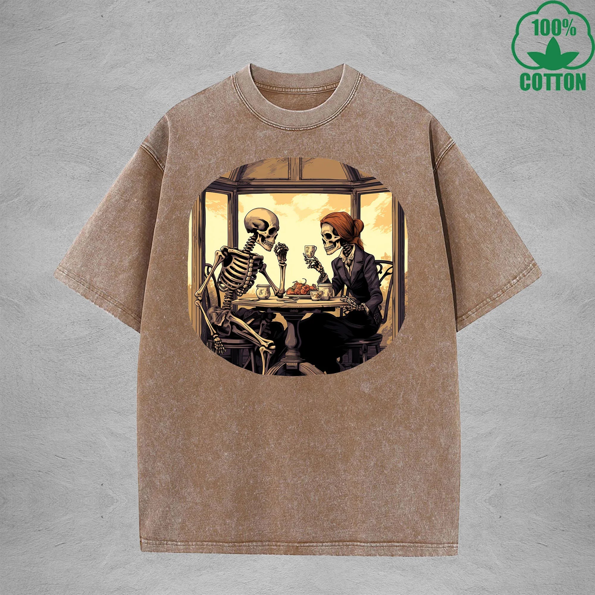 Eternal Afternoon Tea Multicolor Printed Washed T-Shirt 230G Interesting Loose Trendy Fashionable Cotton Short Sleeve Top