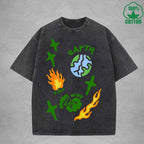 Natural Elements Interest Printed Washed T-Shirt 230G Multicolor Loose Trendy Fashionable Cotton Short Sleeve Top