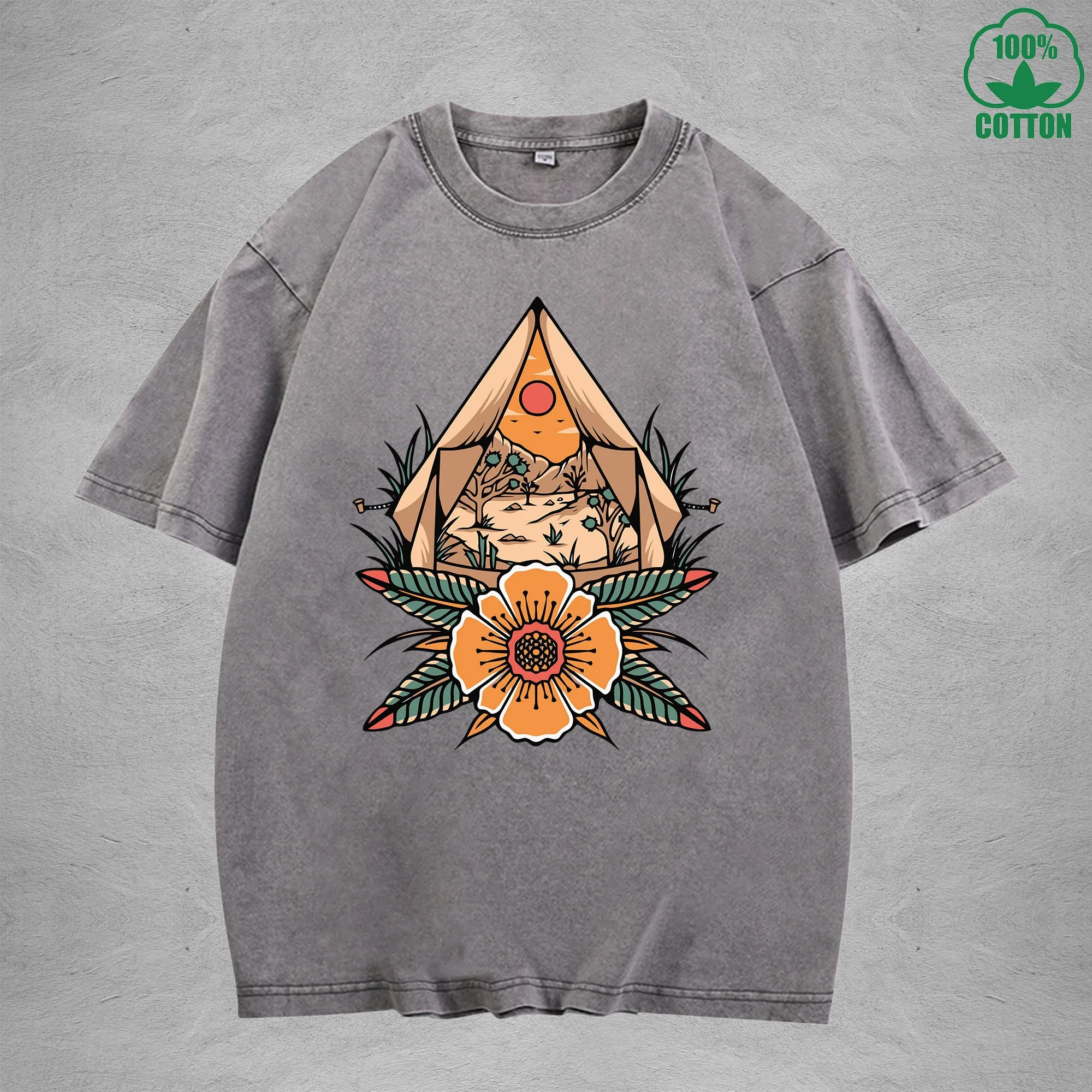 Desert CampInterest Printed Washed T-Shirt 230G Multicolor Loose Trendy Fashionable 100%Cotton Short Sleeve Top