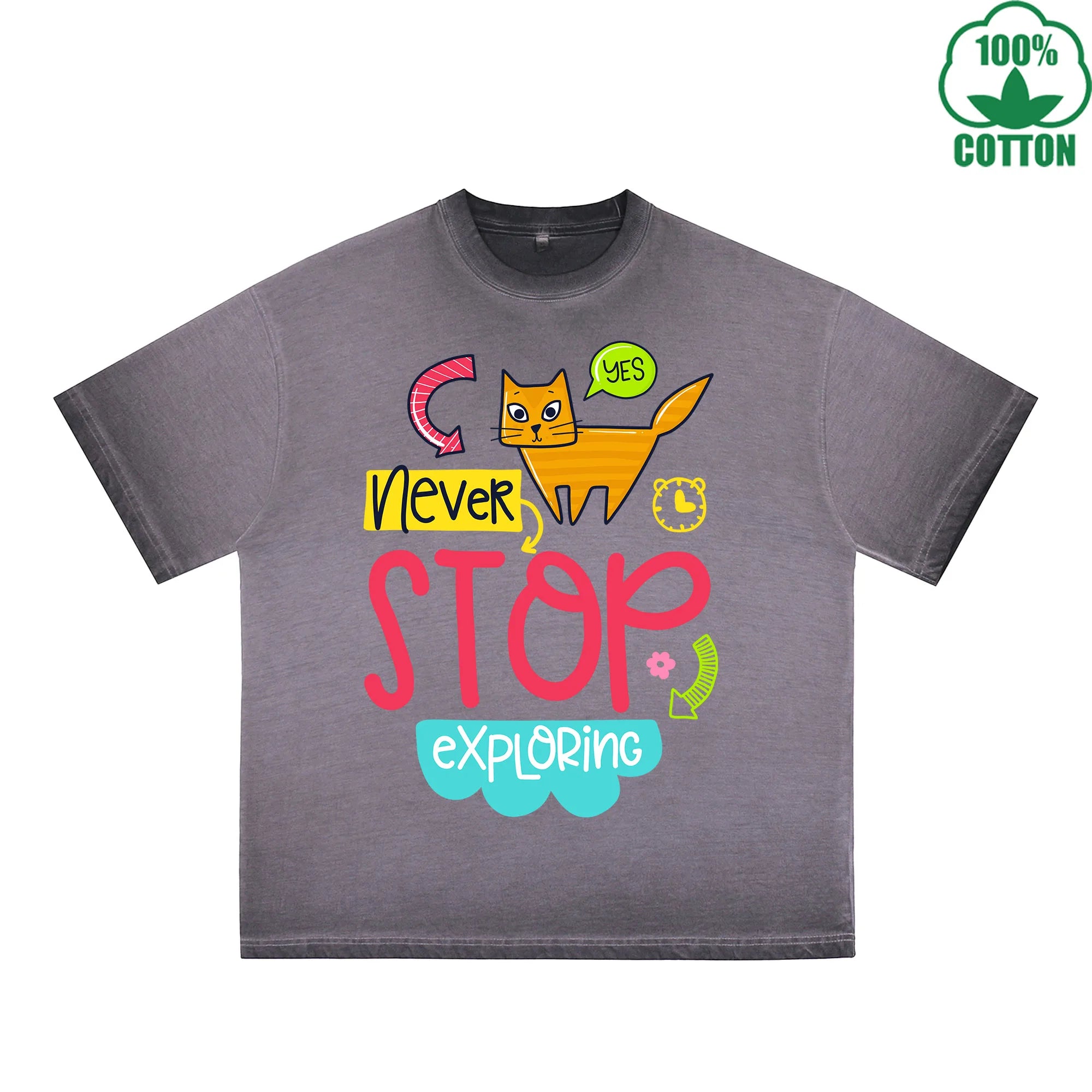 Stop Exploring Printed Dirty WashT-Shirt 230G Multicolor Loose Trendy Fashionable 100%Cotton Short Sleeve Top