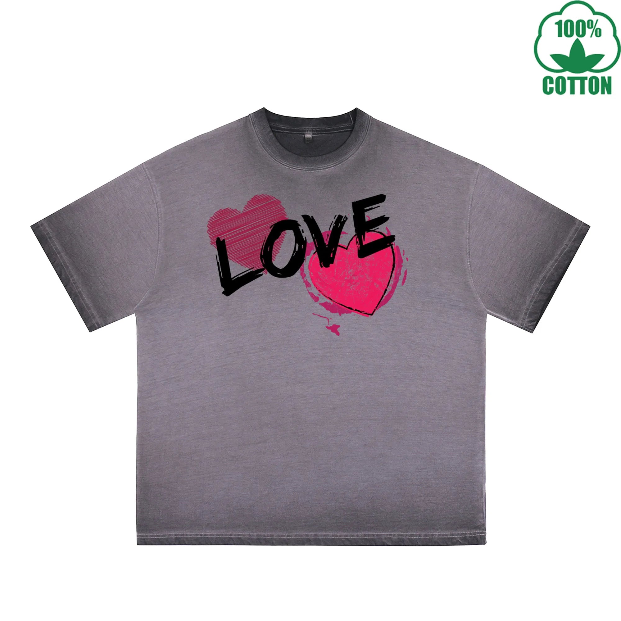Love Printed Dirty WashT-Shirt 230G Multicolor Loose Trendy Short Sleeves Fashionable 100%Cotton Top