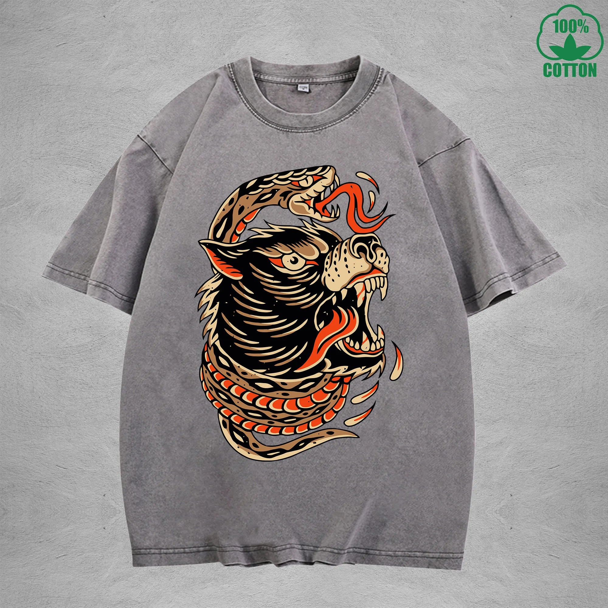 Deadly SnakeInterest Printed Washed T-Shirt 230G Multicolor Loose Trendy Fashionable 100%Cotton Short Sleeve Top