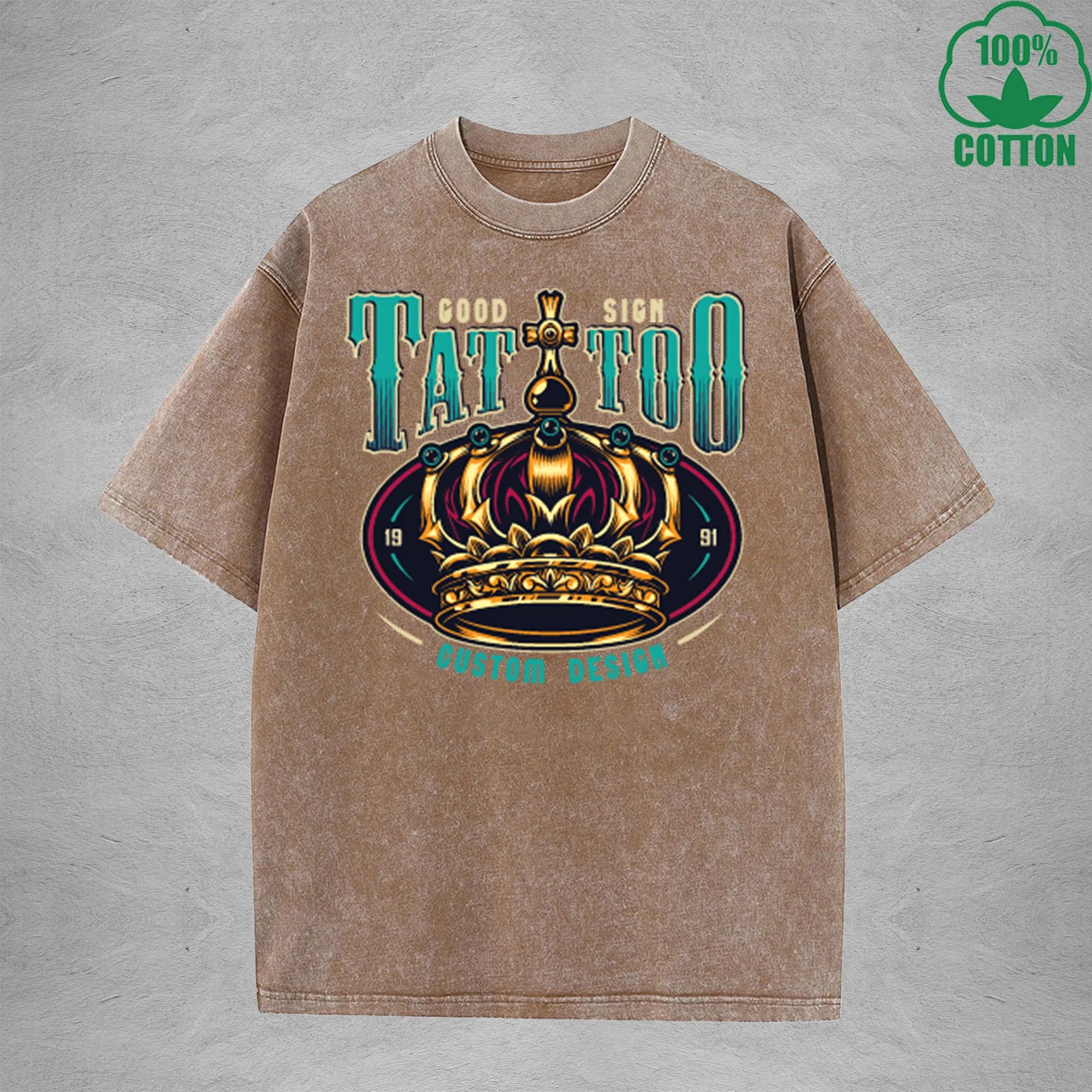 Crown of Power Interest Printed Washed T-Shirt 230G Multicolor Loose Trendy Fashionable Cotton Short Sleeve Top