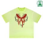 Blood Butterfly Printed Dirty WashT-Shirt 230G Multicolor Loose Trendy Fashionable 100%Cotton Short Sleeve Top