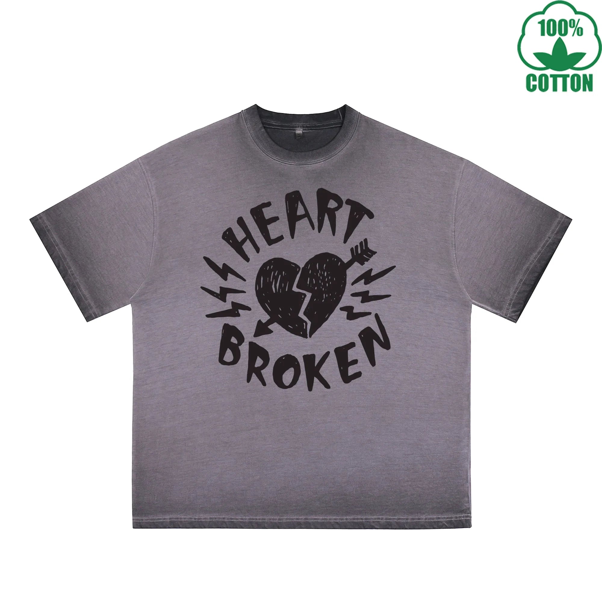 Heart Broken Printed Dirty WashT-Shirt 230G Multicolor Loose Trendy Short Sleeves Fashionable 100%Cotton Top