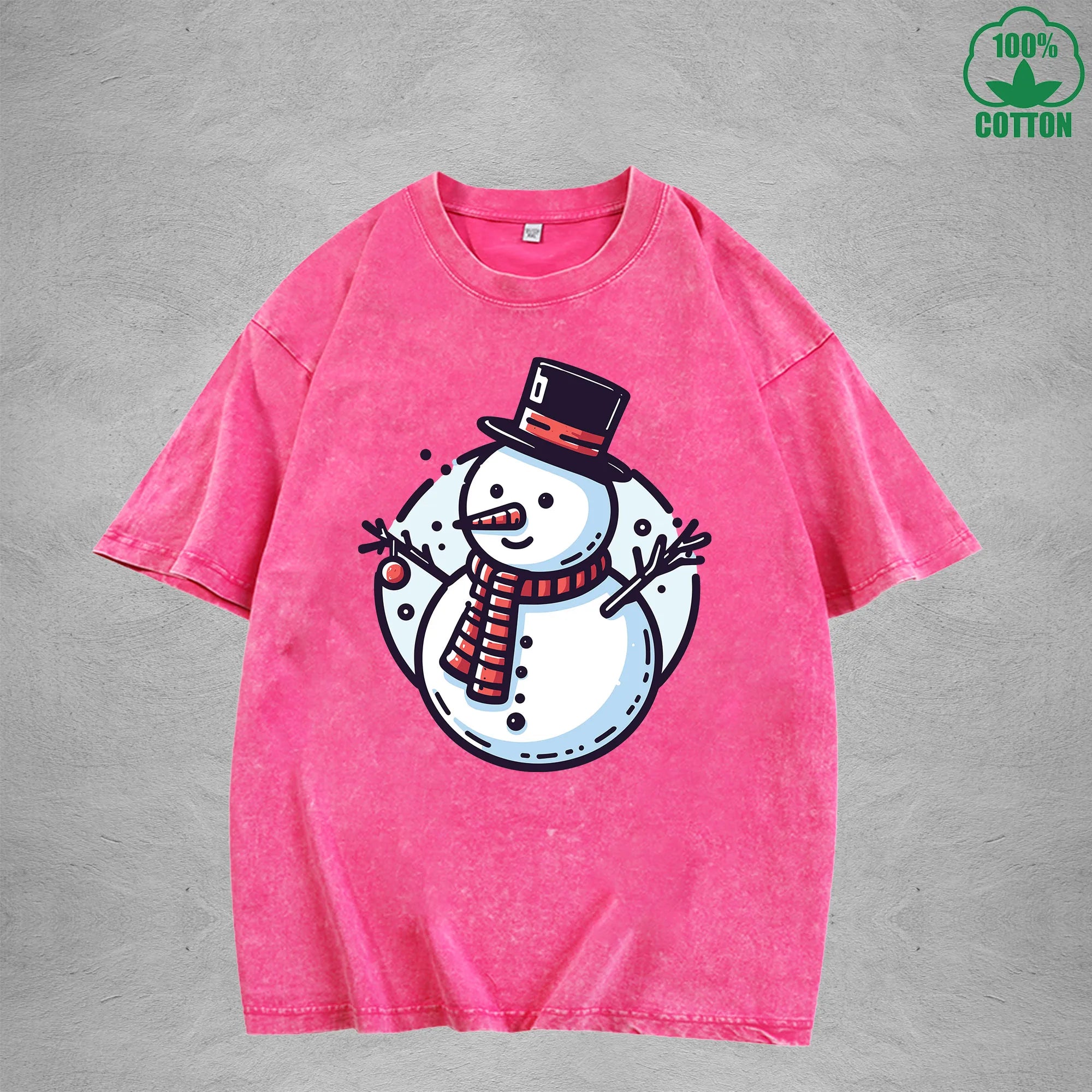 Snowman Interest Printed Washed T-Shirt 230G Multicolor Loose Trendy Fashionable Cotton Short Sleeve Top