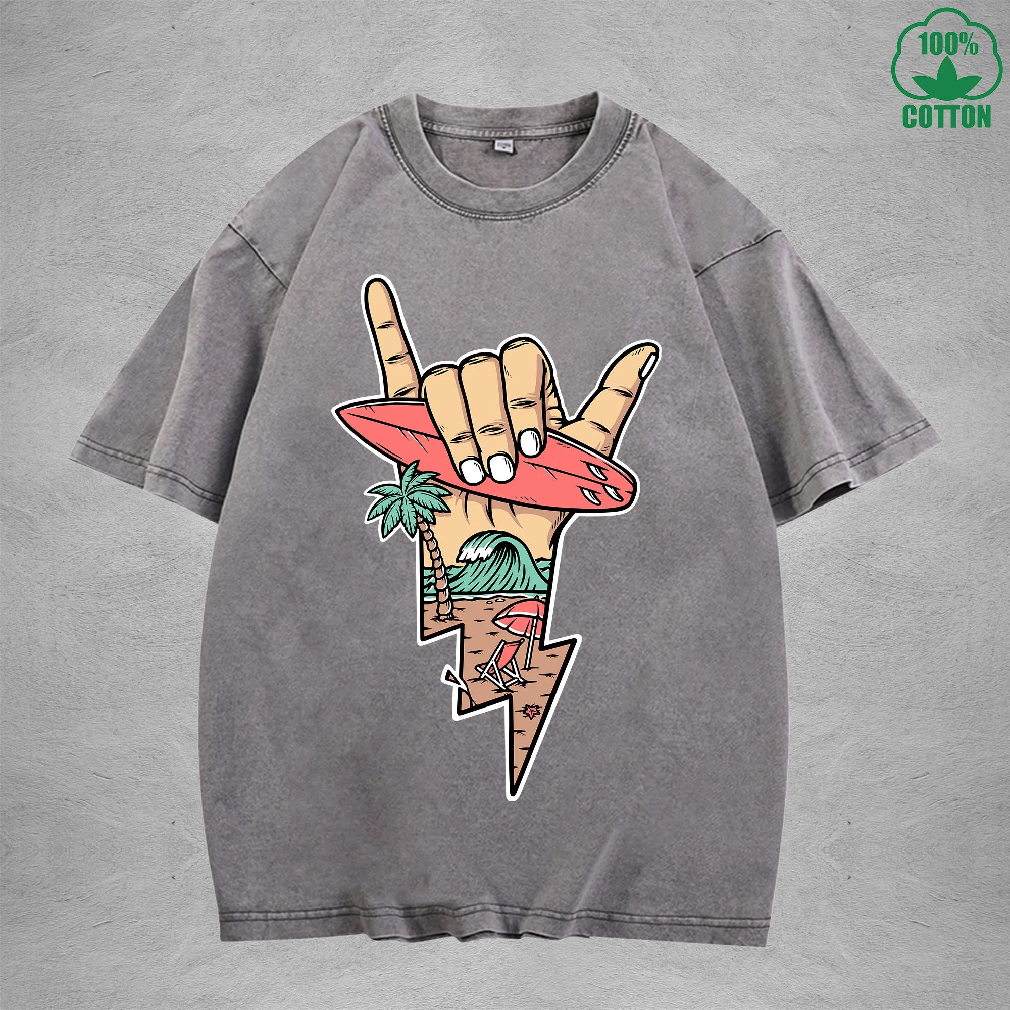 Lightning Surfing Interest Printed Washed T-Shirt 230G Multicolor Loose Trendy Fashionable 100%Cotton Short Sleeve Top