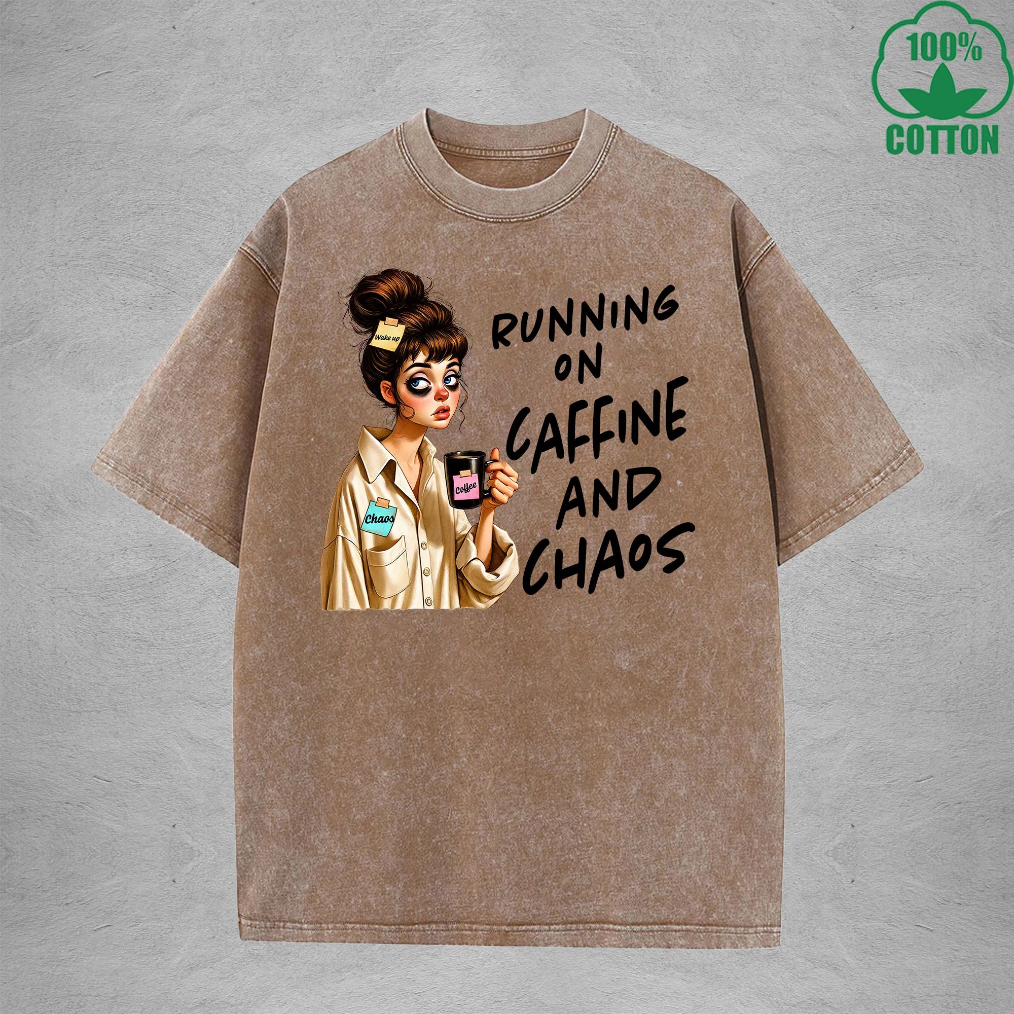 Running on CaffineInterest Printed Washed T-Shirt 230G Loose Trendy Fashionable 100%Cotton Short Sleeve Top