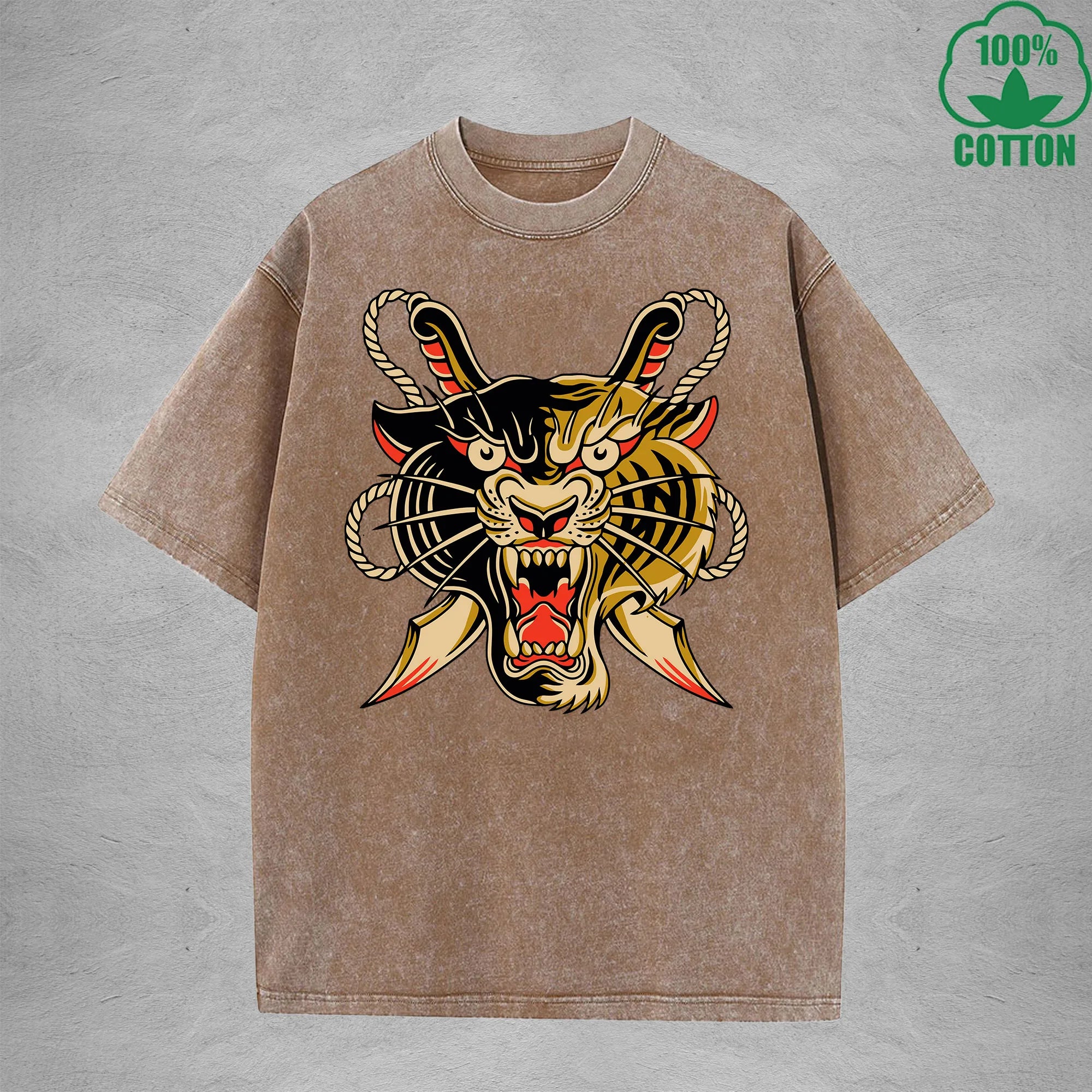 Two Faced TigerInterest Printed Washed T-Shirt 230G Multicolor Loose Trendy Fashionable 100%Cotton Short Sleeve Top