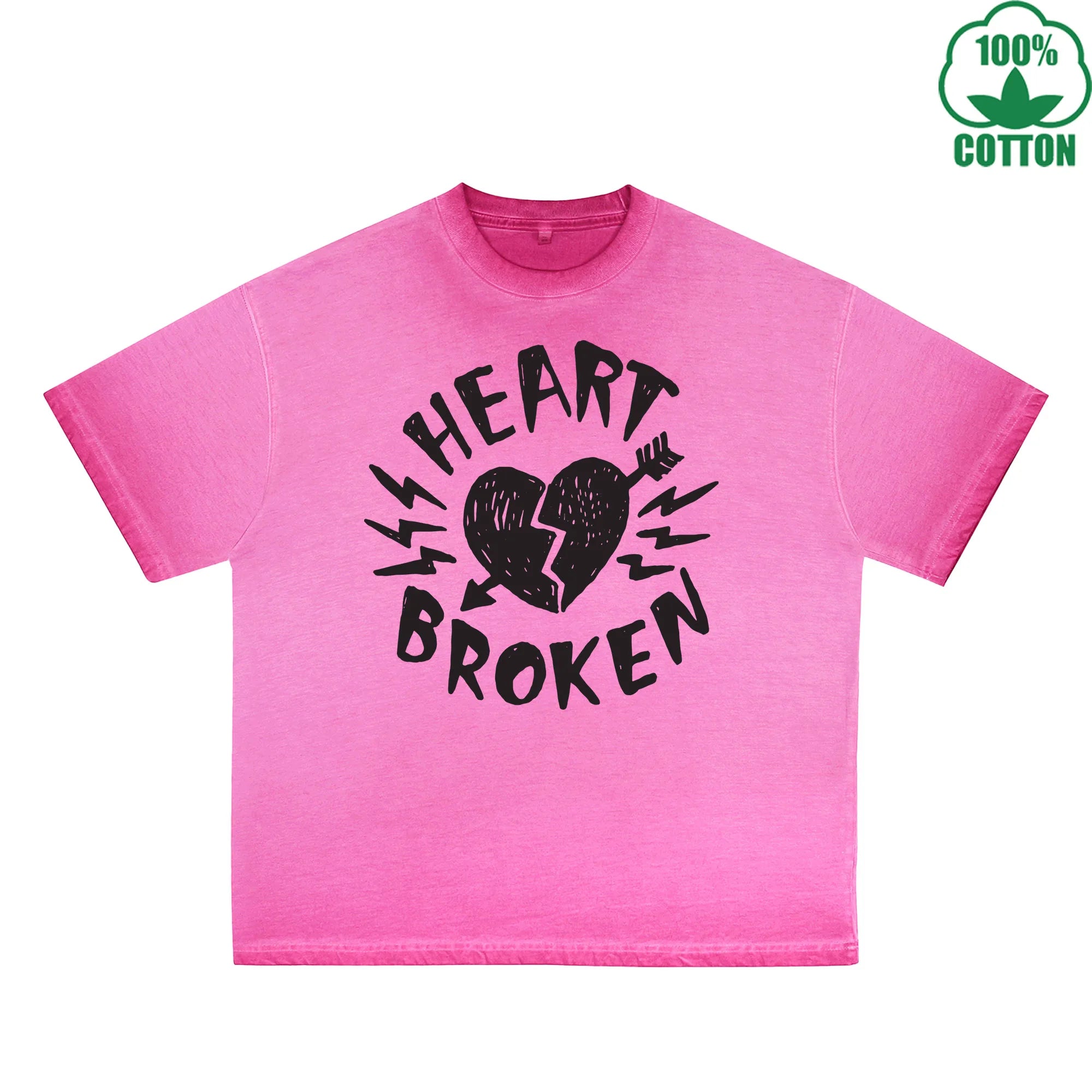 Heart Broken Printed Dirty WashT-Shirt 230G Multicolor Loose Trendy Short Sleeves Fashionable 100%Cotton Top