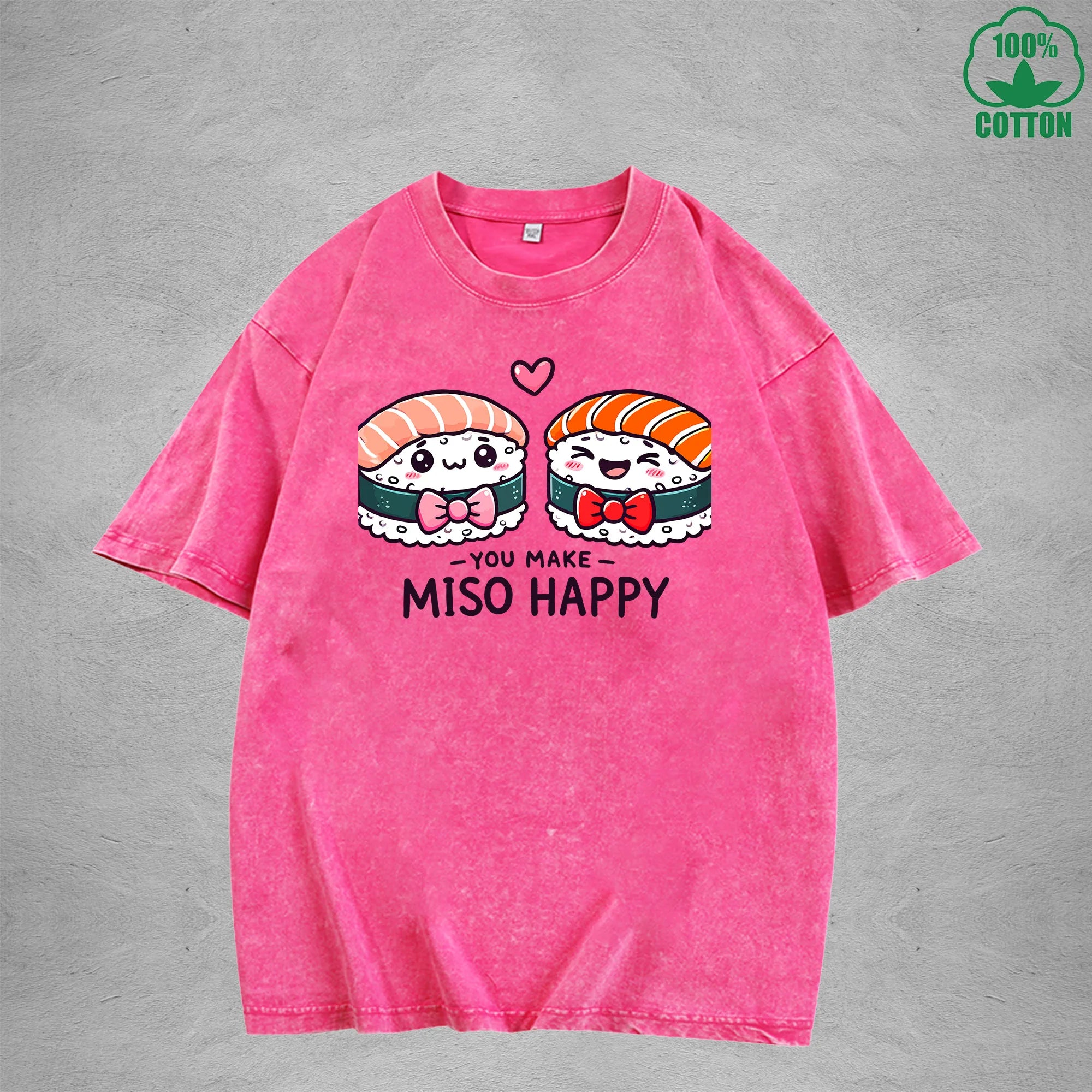 You Make Miso HappyInterest Printed Washed T-Shirt 230G Loose Trendy Fashionable 100%Cotton Short Sleeve Top