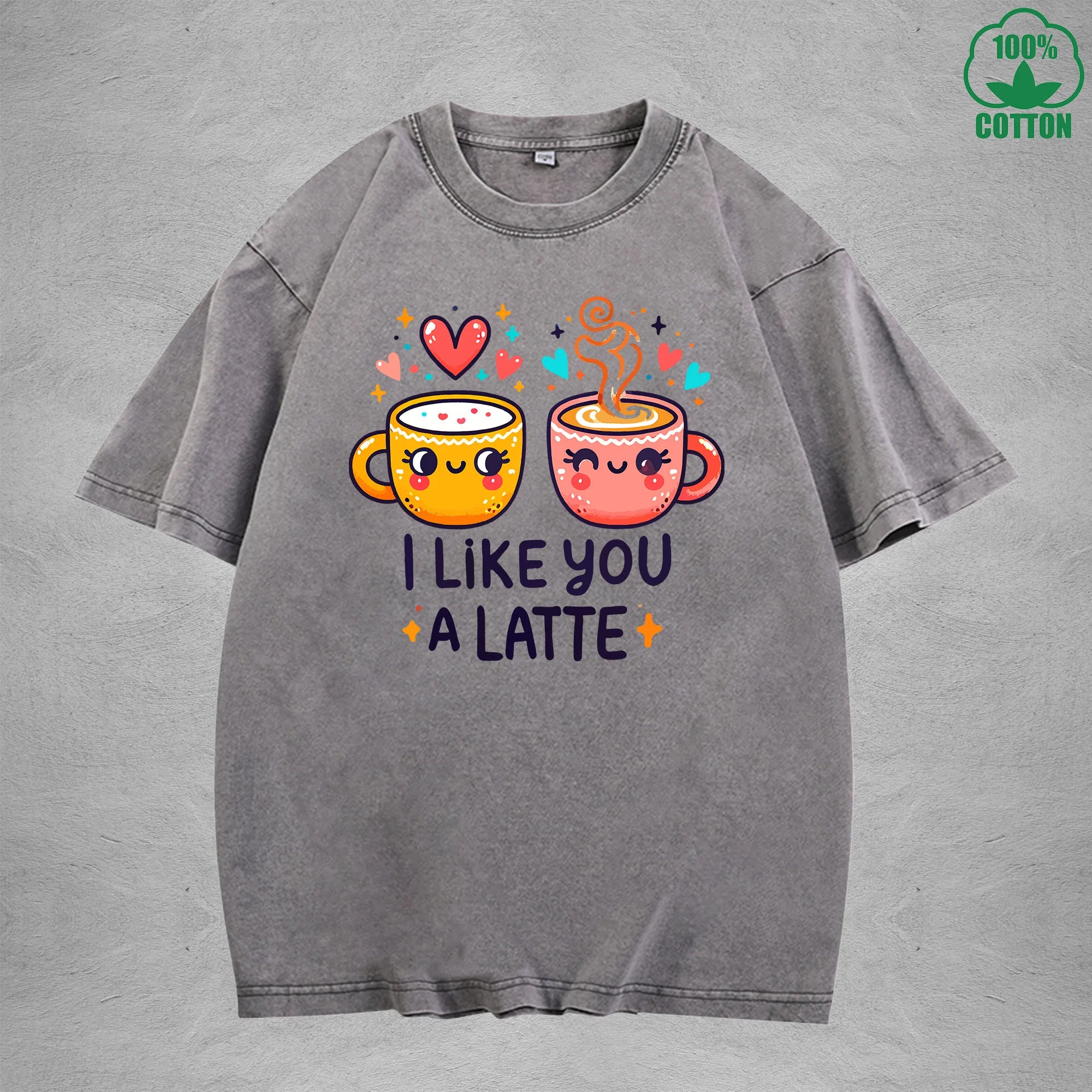 I Like You A LatteInterest Printed Washed T-Shirt 230G Loose Trendy Fashionable 100%Cotton Short Sleeve Top