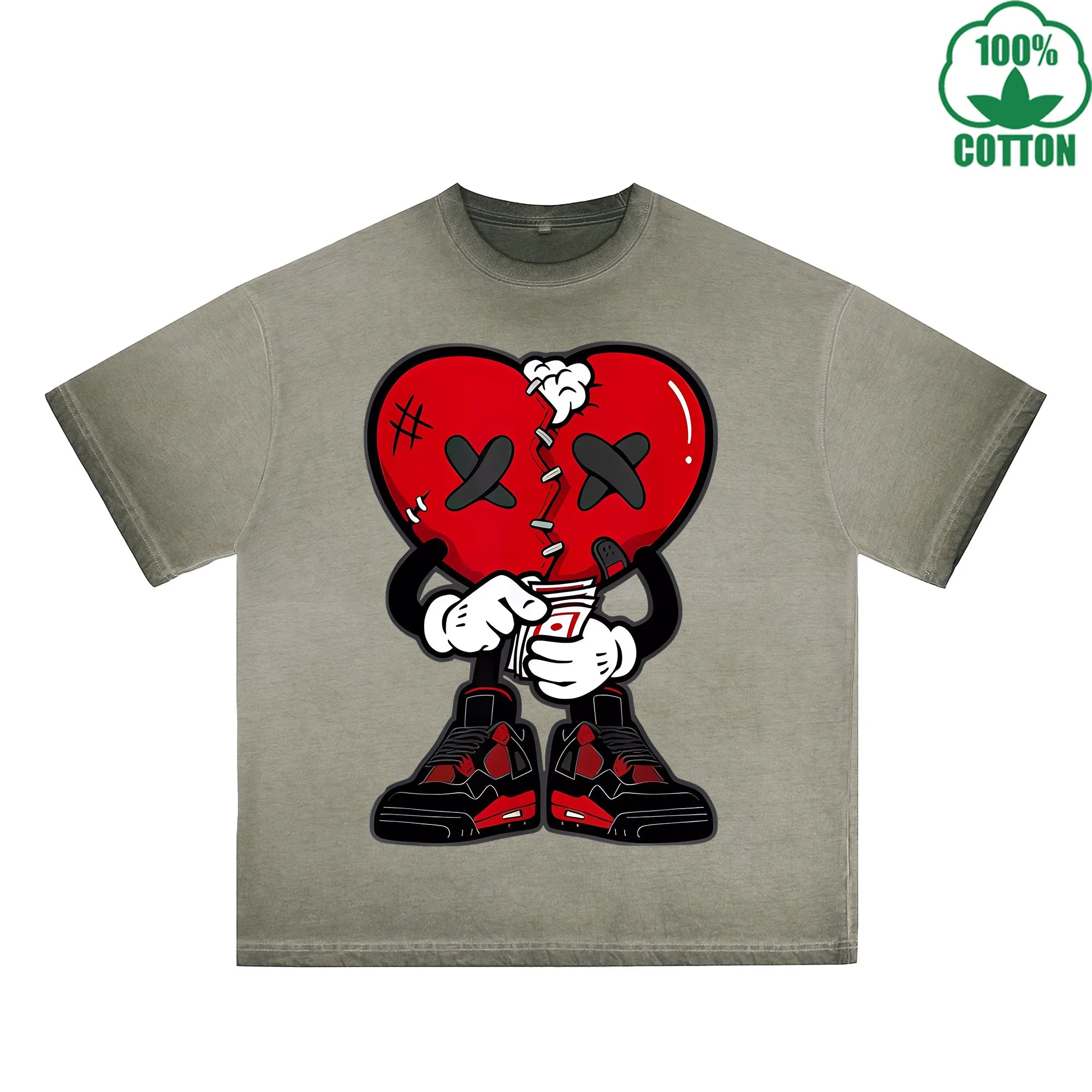 Injured Heart Printed Dirty WashT-Shirt 230G Multicolor Loose Trendy Fashionable 100%Cotton Short Sleeve Top