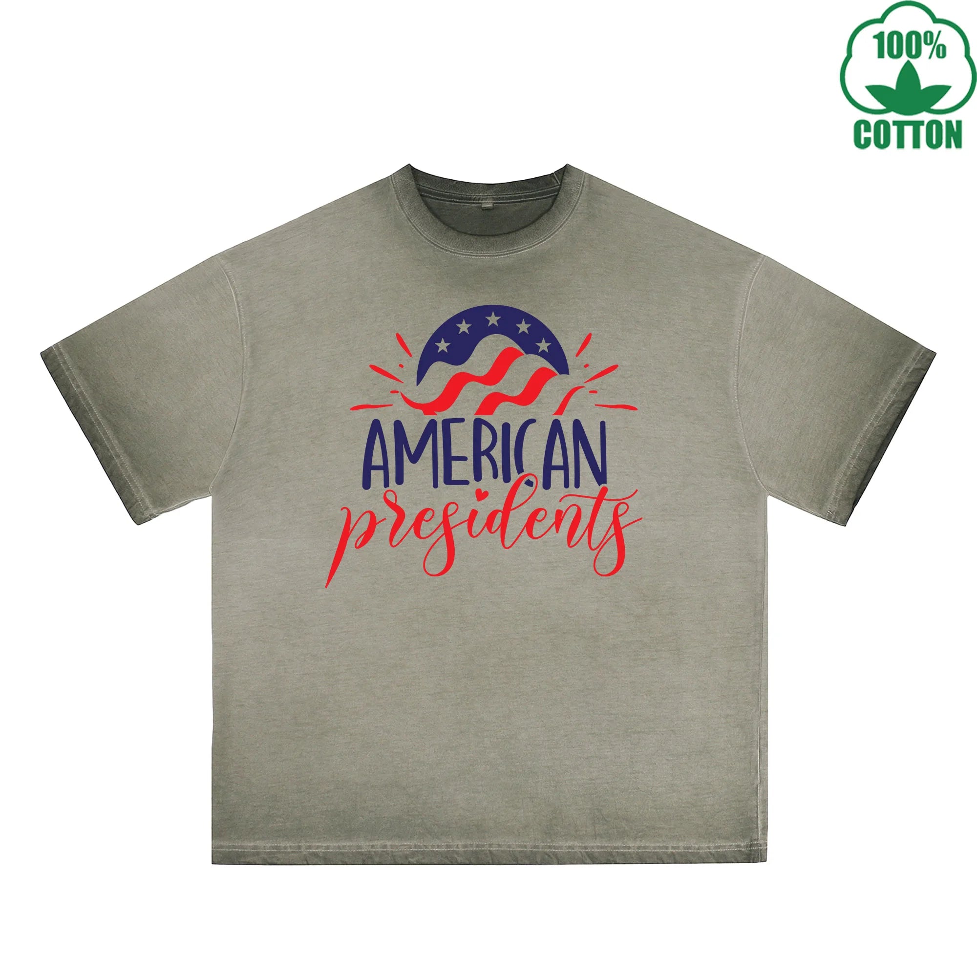 American Presidents Printed Dirty Wash T-Shirt 230G Multicolor Loose Trendy Fashionable 100%Cotton Short Sleeve Top