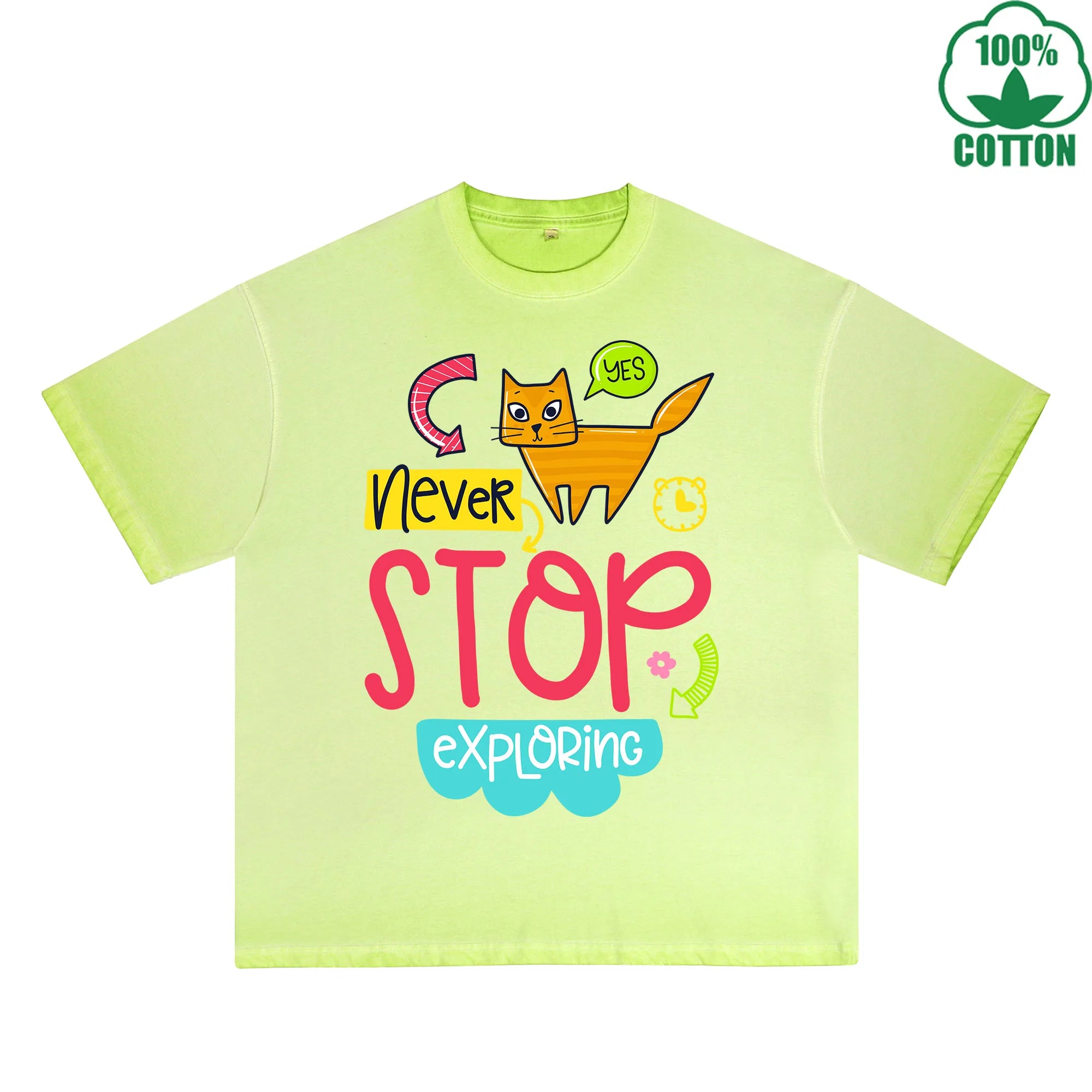 Stop Exploring Printed Dirty WashT-Shirt 230G Multicolor Loose Trendy Fashionable 100%Cotton Short Sleeve Top