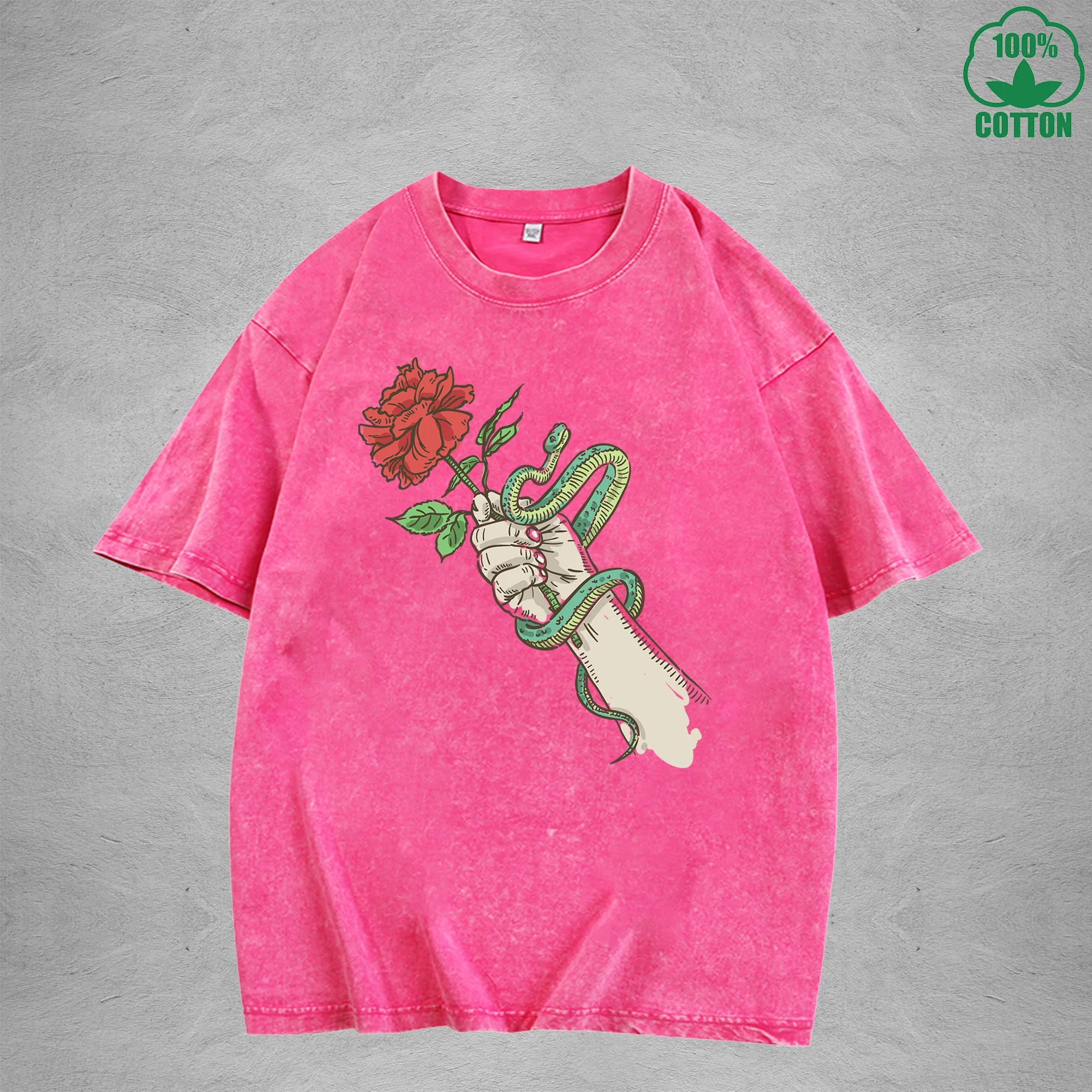 Roses And Vipers Printed Washed T-Shirt 230G Multicolor Minimalist Loose Trendy Fashionable Cotton Short Sleeve Top