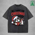 Christmas Is Sleep Interest Printed Washed T-Shirt 230G Multicolor Loose Trendy Fashionable 100%Cotton Short Sleeve Top