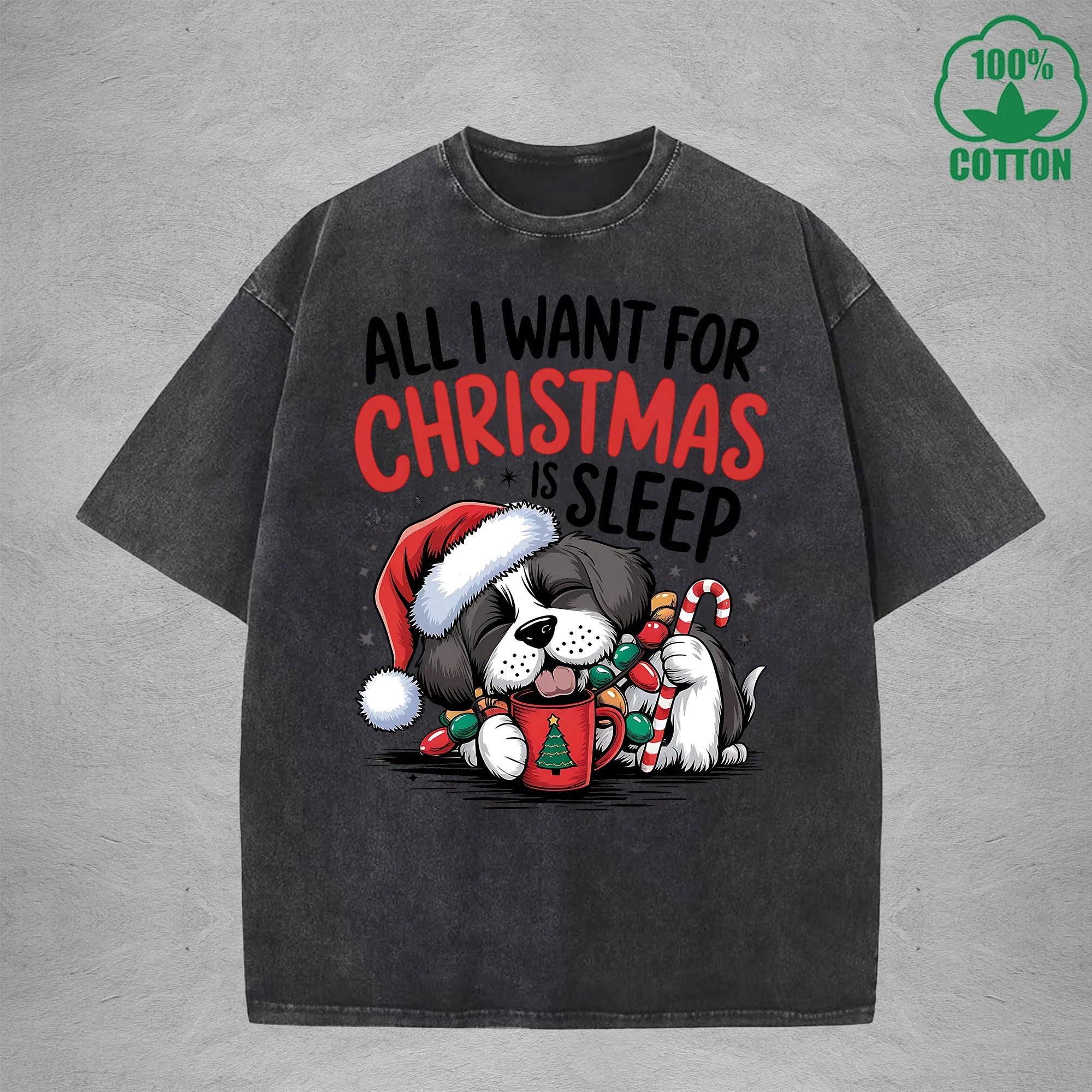 Christmas Is Sleep Interest Printed Washed T-Shirt 230G Multicolor Loose Trendy Fashionable 100%Cotton Short Sleeve Top