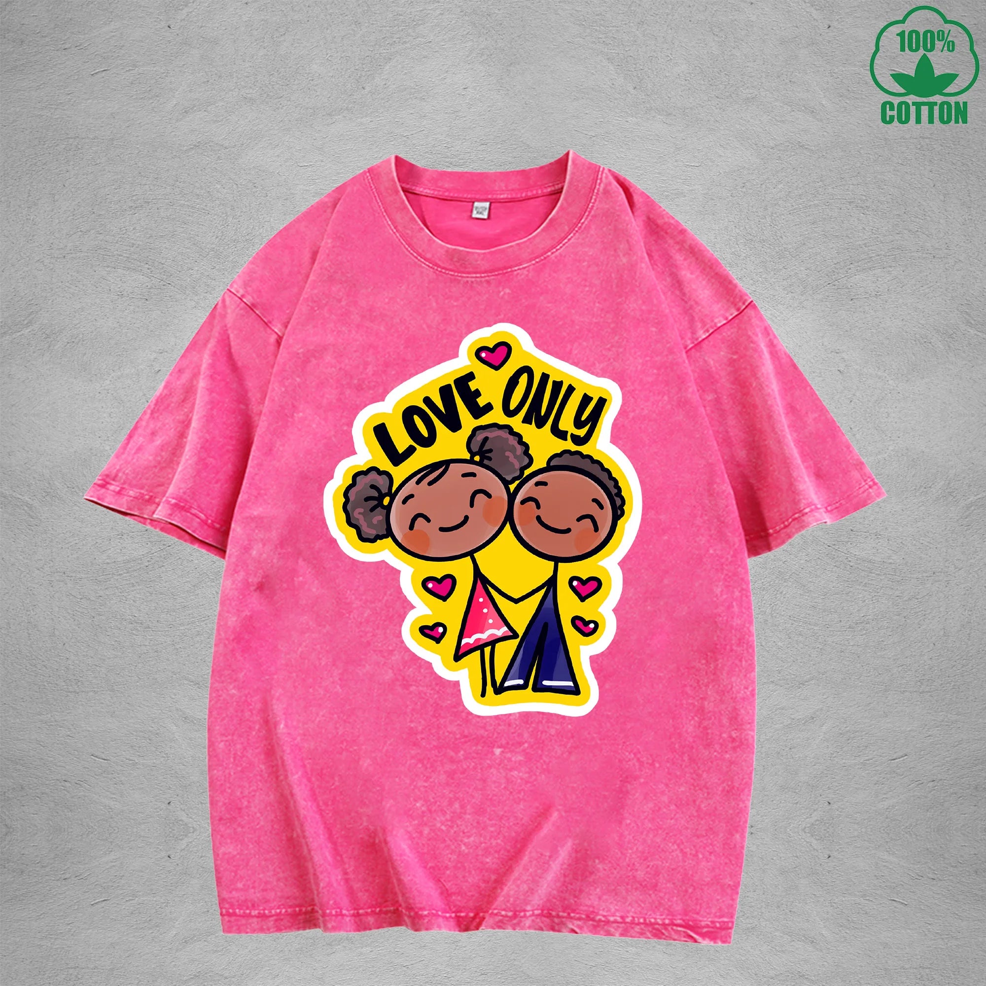 Love onlyInterest Printed Washed T-Shirt 230G Loose Trendy Fashionable 100%Cotton Short Sleeve Top